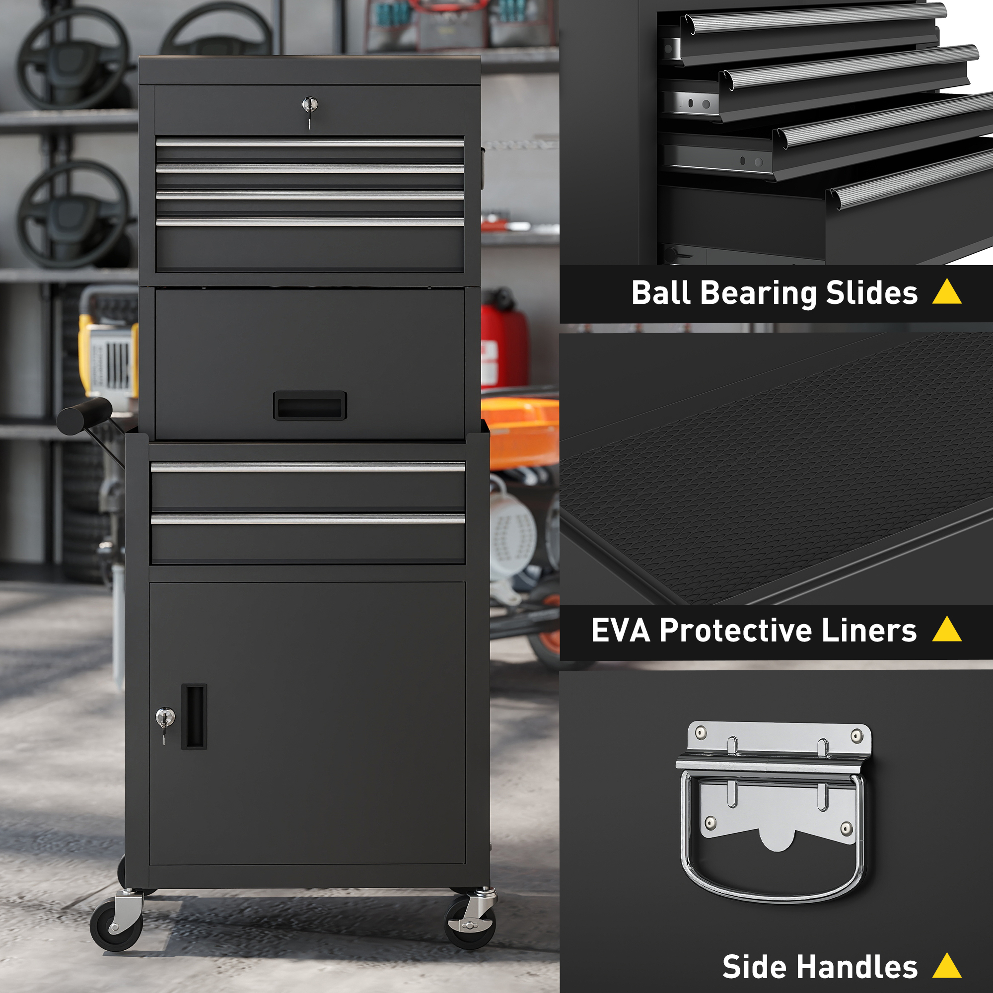 HOMCOM Three-Part Steel Locking Tool Chest Black 8
