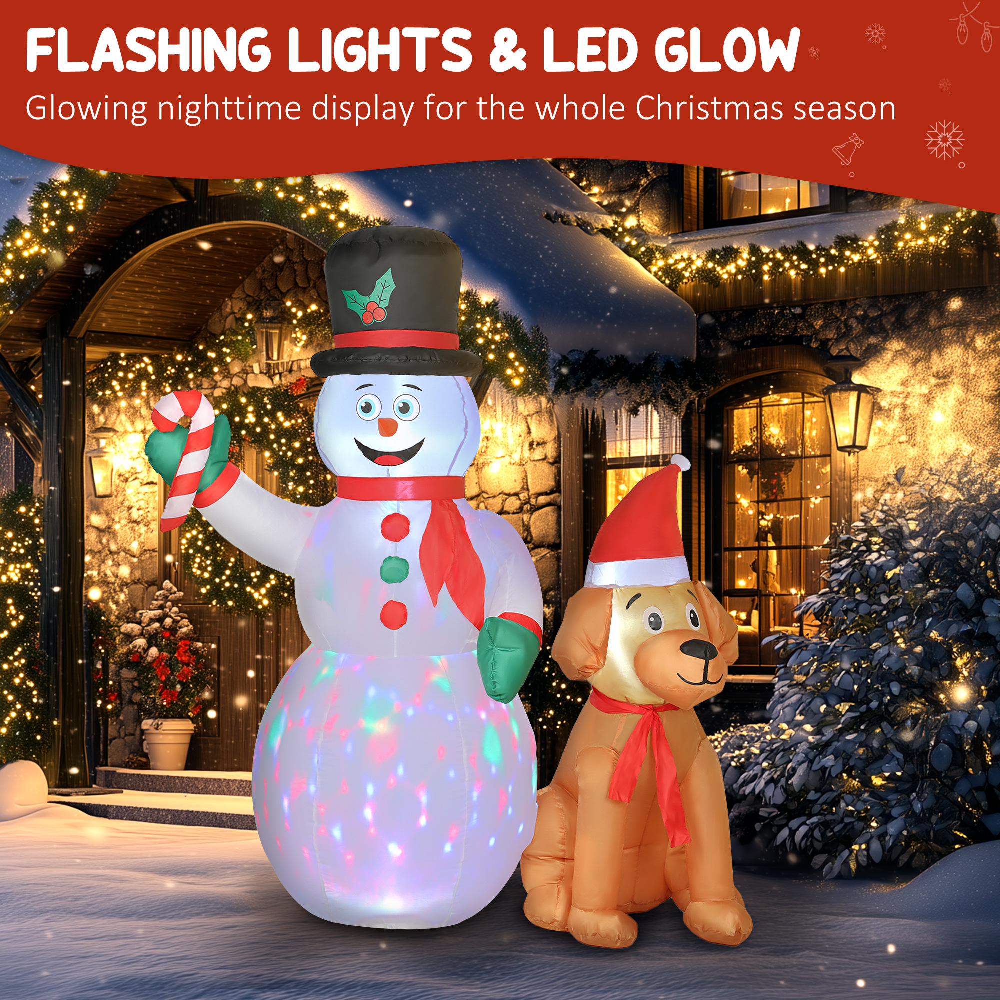Outsunny 6FT Christmas Inflatables Snowman & Dog with Built-in LED Lights and Flashing Light, Blow Up Christmas Inflatable Decoration for Indoor Outdoor Decor, Garden 4