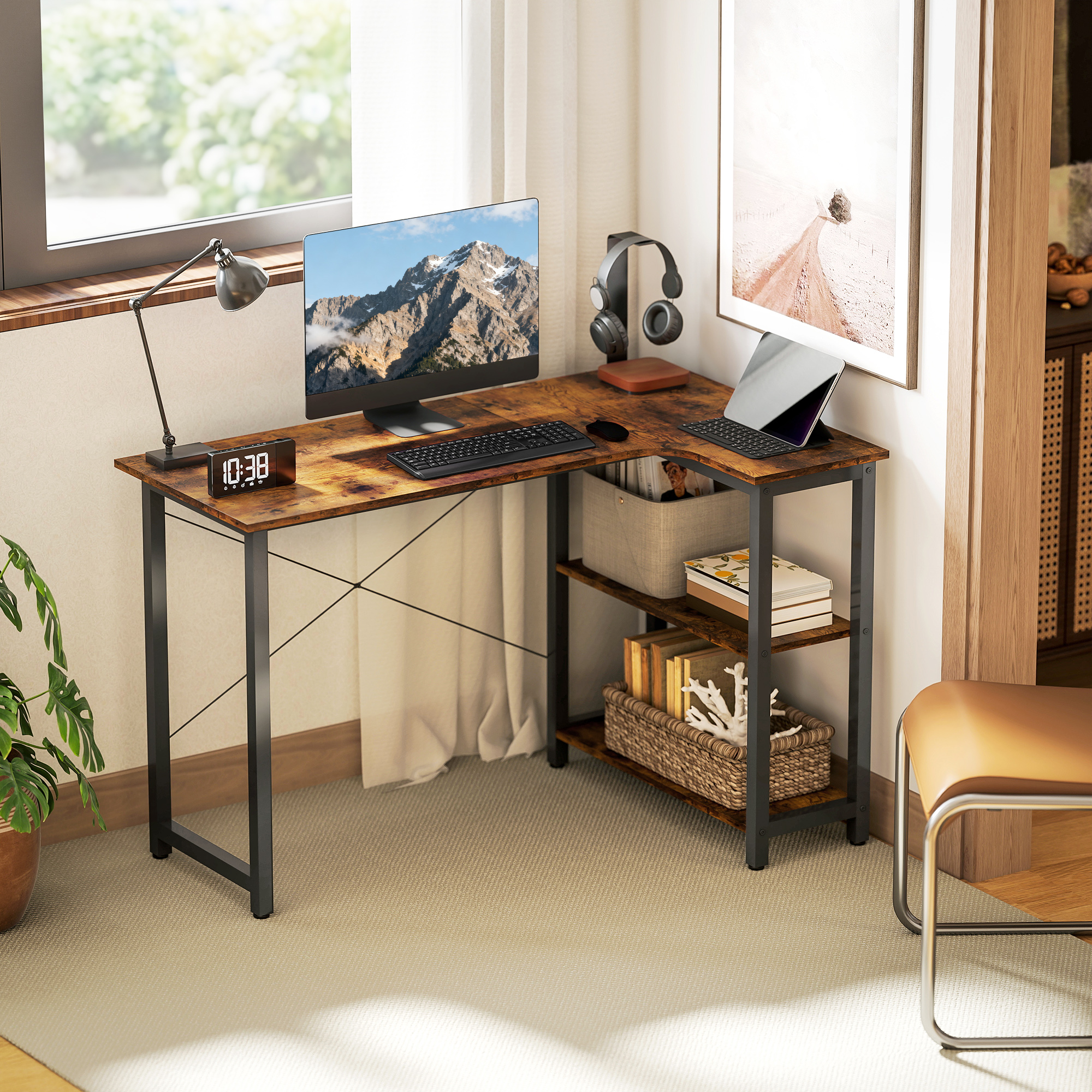 HOMCOM L Shaped Desk, Corner Computer Desk with Bookshelf for Home Office, Study Room, Workstation, 120 x 73.2 x 75cm, Rustic Brown 2