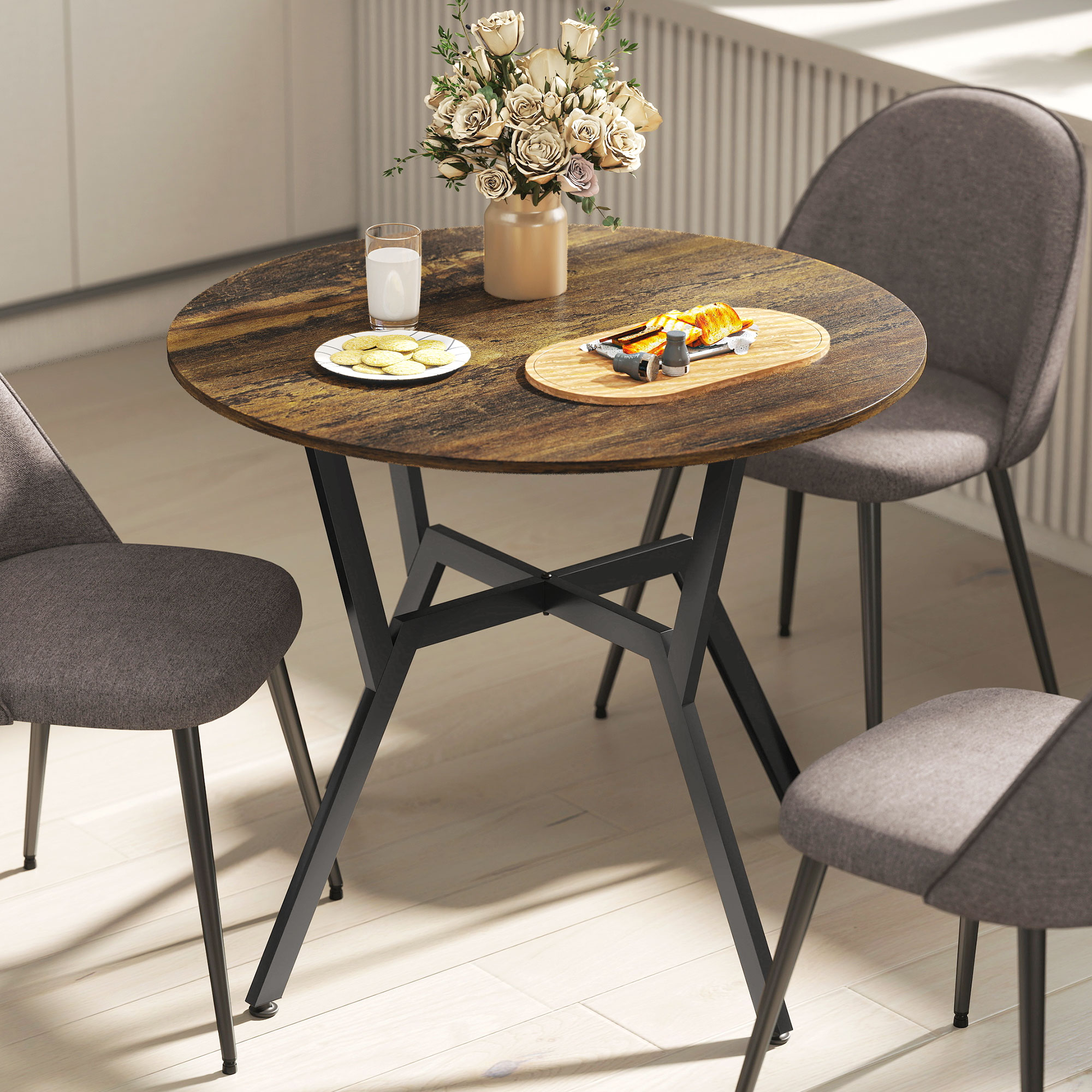 HOMCOM Dining Table, Round Kitchen Table with Black Legs, Anti-slip Foot Pads for Living Room, Dining Room 90 x 76 cm, Rustic Brown 8