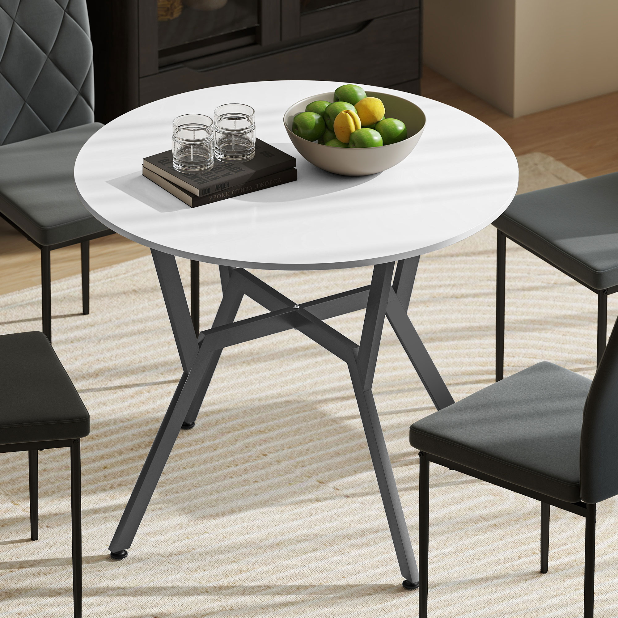 HOMCOM Dining Table, Round Kitchen Table with Black Legs for Living Room, Dining Room 90 x 76 cm, High Gloss White 2