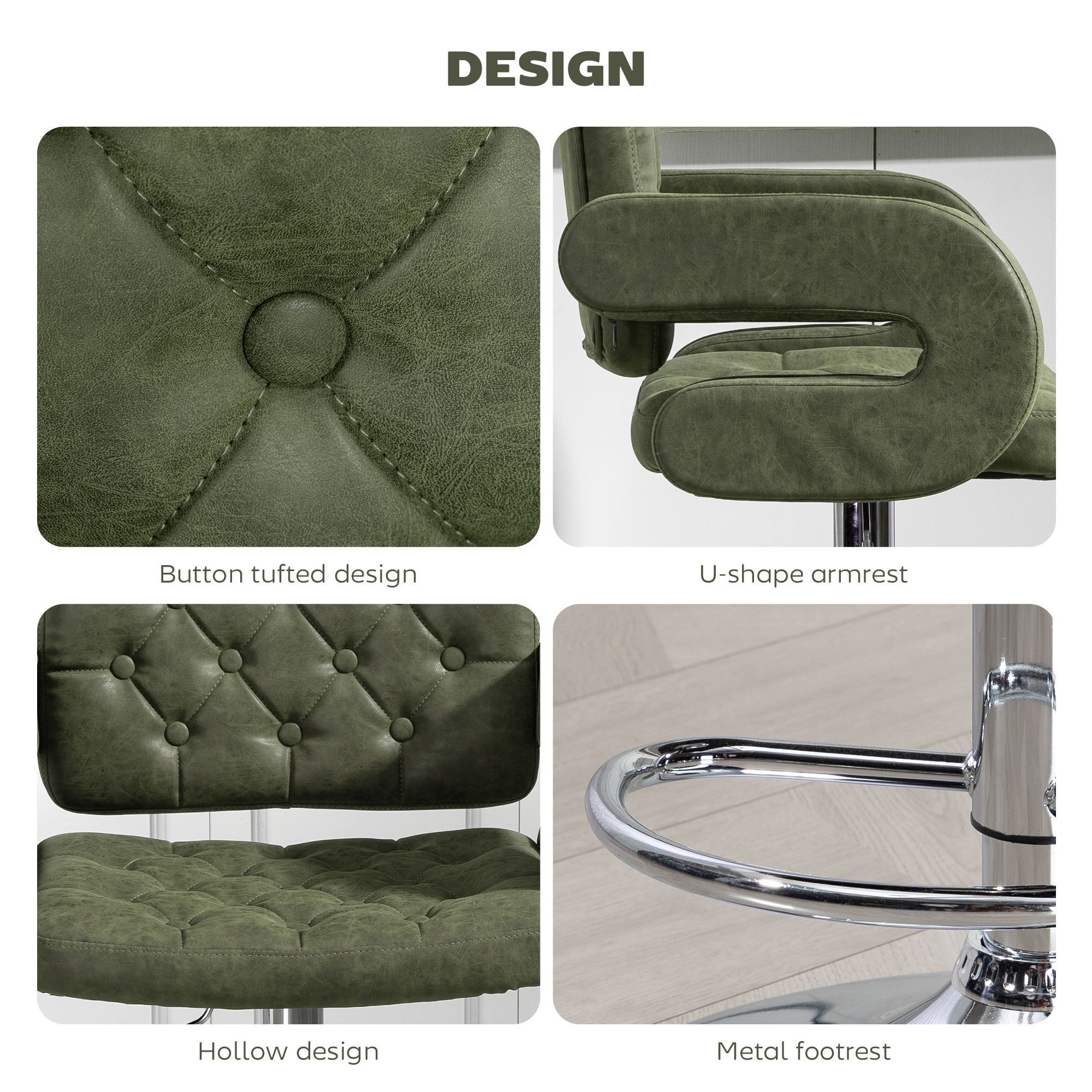 HOMCOM PU Leather Upholstered Swivel Bar Stool, Height Adjustable with Back, Armrest, Footrest, Green 7