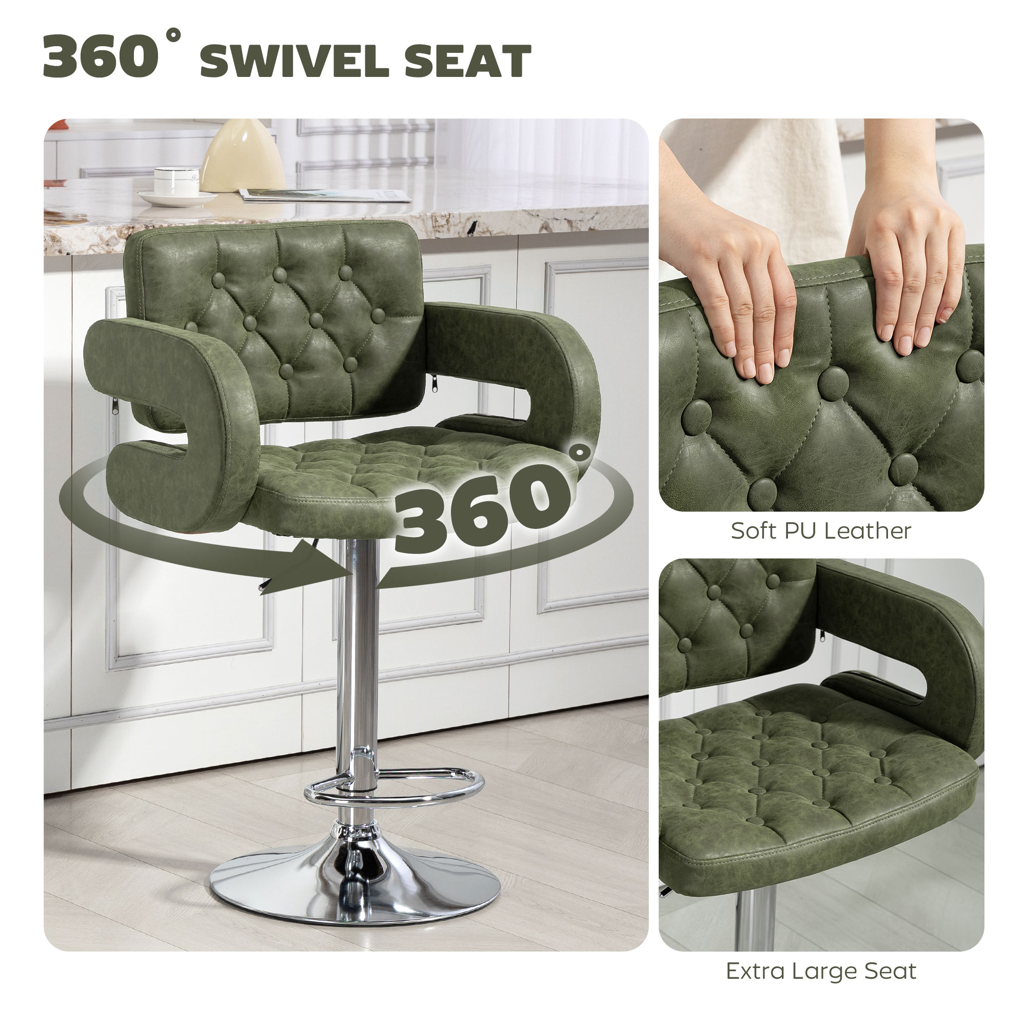 HOMCOM PU Leather Upholstered Swivel Bar Stool, Height Adjustable with Back, Armrest, Footrest, Green 5