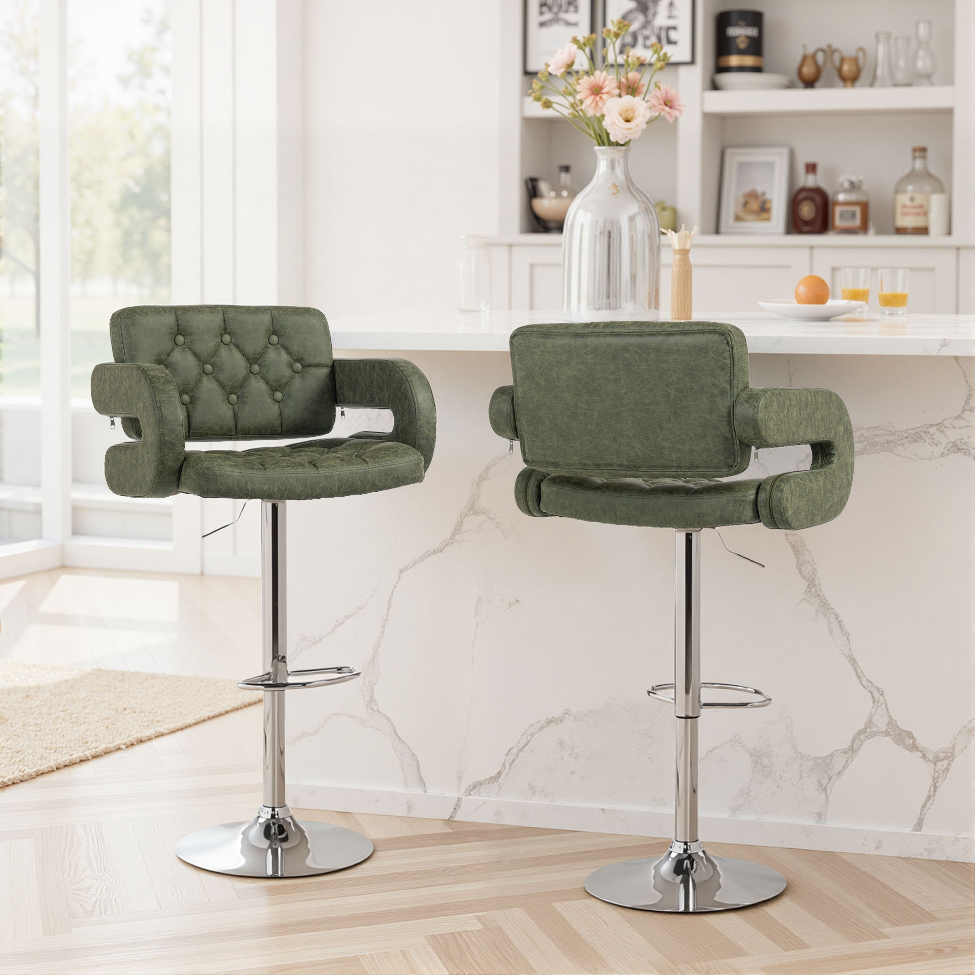 HOMCOM PU Leather Upholstered Swivel Bar Stool, Height Adjustable with Back, Armrest, Footrest, Green 9