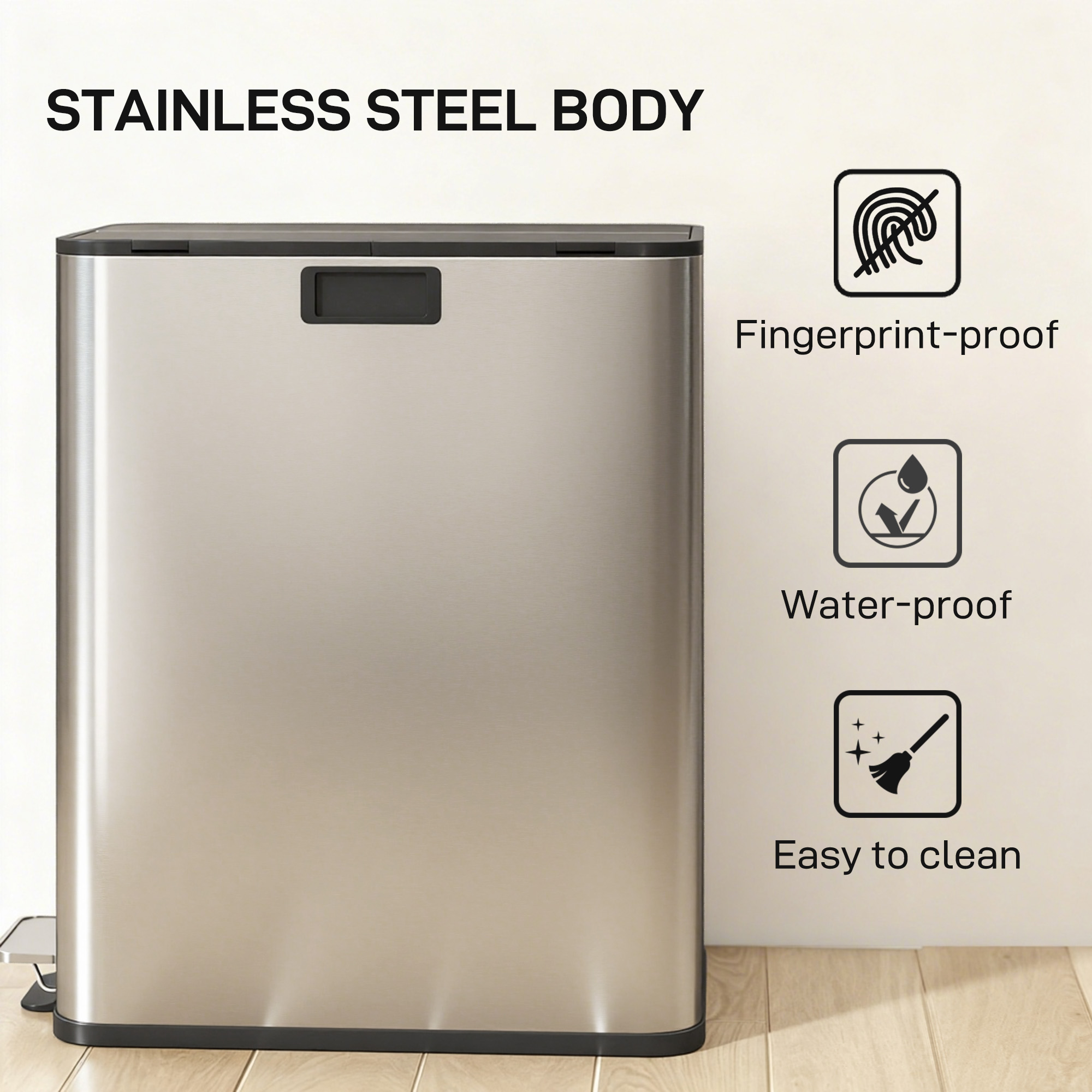 HOMCOM Dual Kitchen Bin with Soft-Close Butterfly Lid, 2 x 28L Stainless Steel Pedal Bin with Removable Inner Buckets, Fingerprint-Proof for Recycling and Waste, Silver Tone 6
