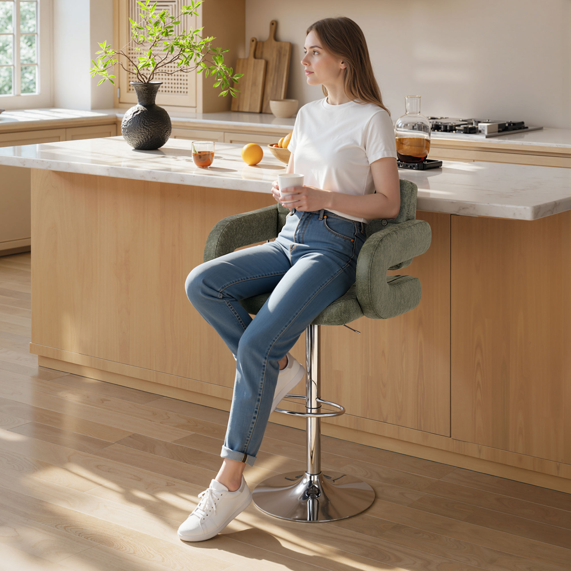 HOMCOM PU Leather Upholstered Swivel Bar Stool, Height Adjustable with Back, Armrest, Footrest, Green 2