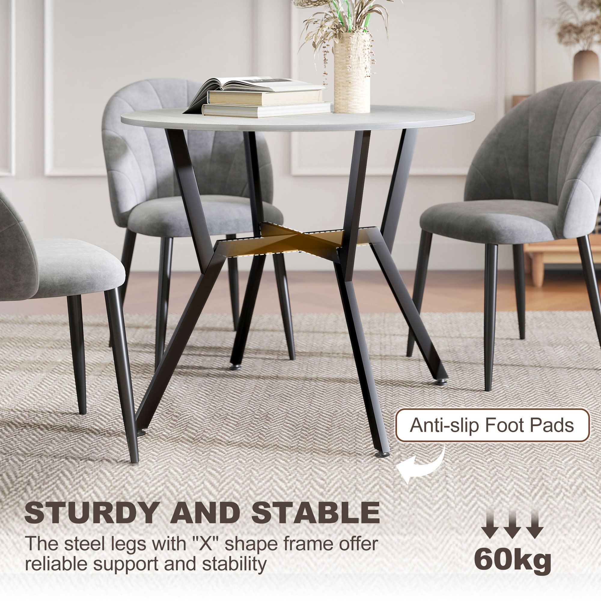 HOMCOM Dining Table, Round Kitchen Table with Black Legs, Anti-slip Foot Pads for Living Room, Dining Room 90 x 76 cm, Grey 5
