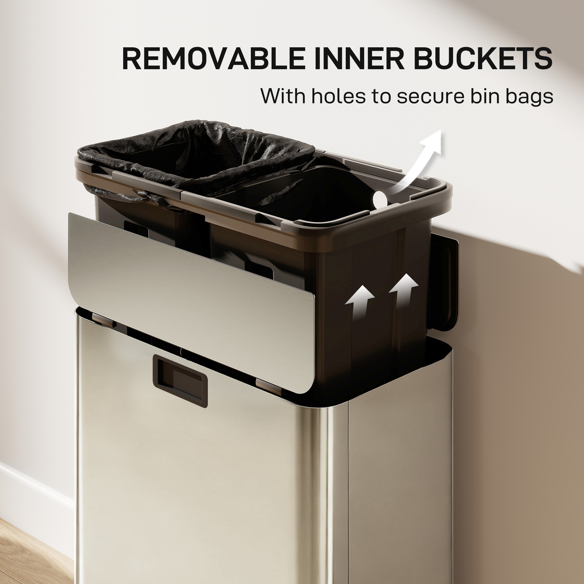 HOMCOM Dual Kitchen Bin with Soft-Close Butterfly Lid, 2 x 28L Stainless Steel Pedal Bin with Removable Inner Buckets, Fingerprint-Proof for Recycling and Waste, Silver Tone 7