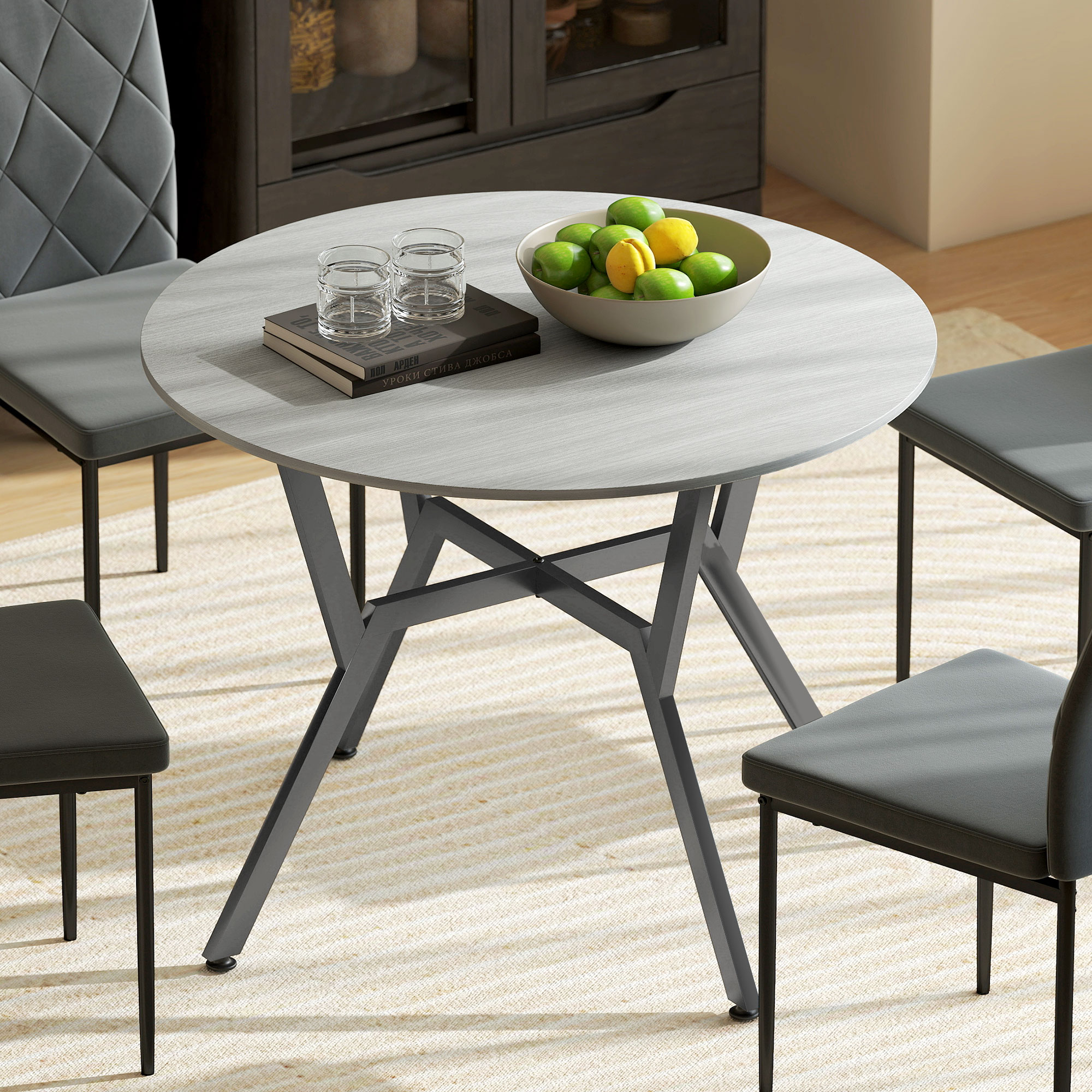 HOMCOM Dining Table, Round Kitchen Table with Black Legs, Anti-slip Foot Pads for Living Room, Dining Room 90 x 76 cm, Grey 2