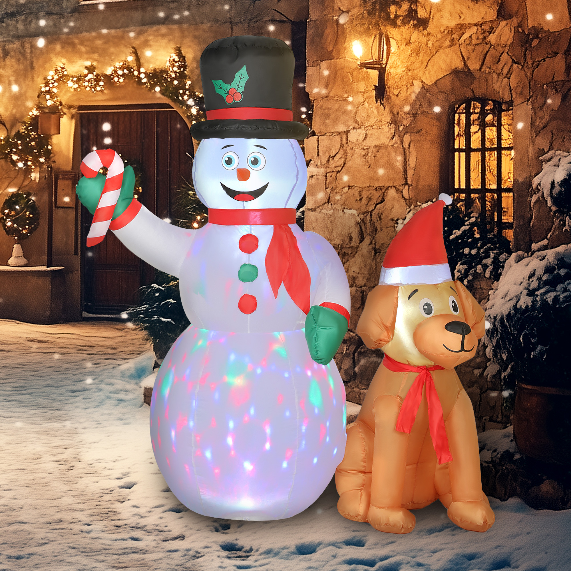 Outsunny 6FT Christmas Inflatables Snowman & Dog with Built-in LED Lights and Flashing Light, Blow Up Christmas Inflatable Decoration for Indoor Outdoor Decor, Garden 9