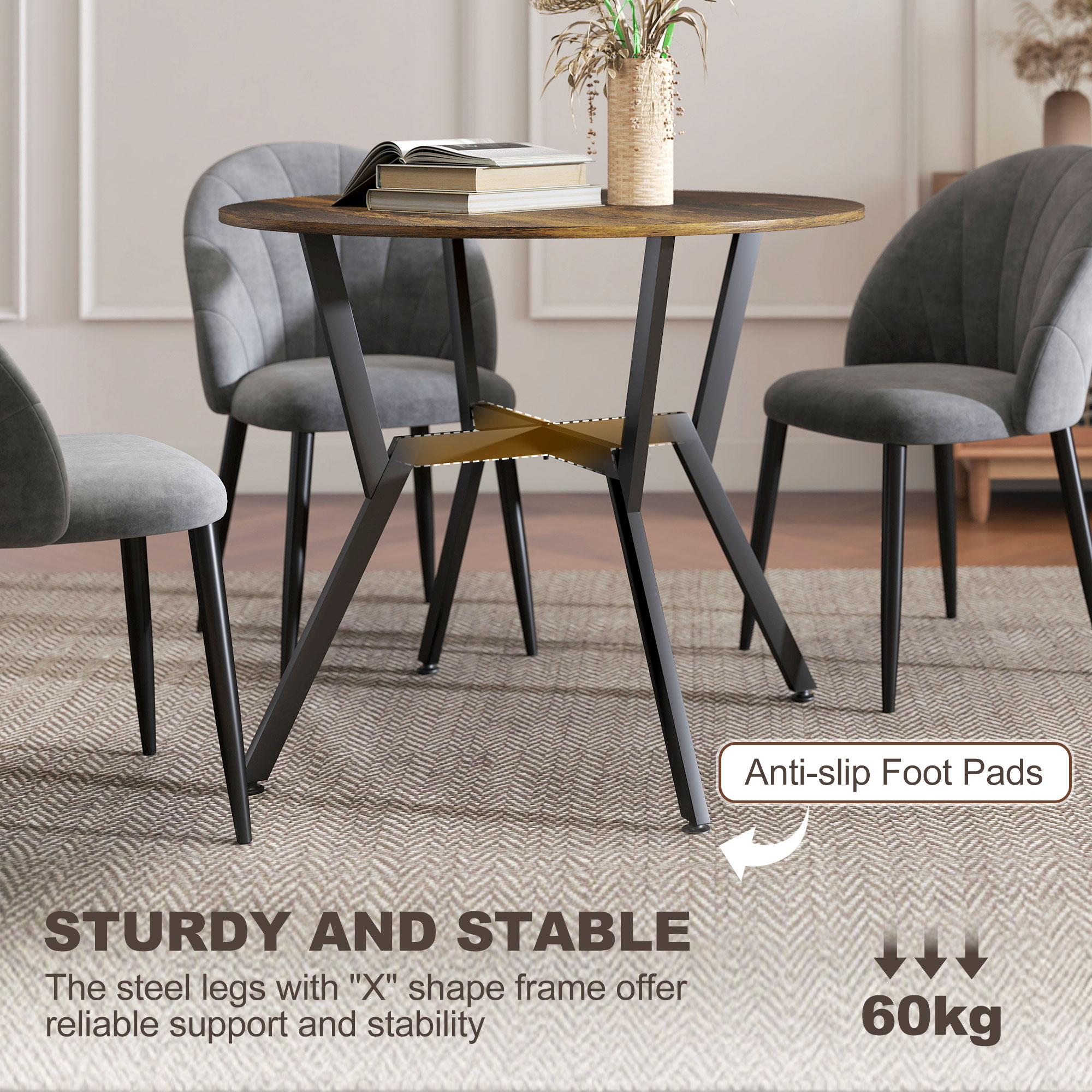 HOMCOM Dining Table, Round Kitchen Table with Black Legs, Anti-slip Foot Pads for Living Room, Dining Room 90 x 76 cm, Rustic Brown 5