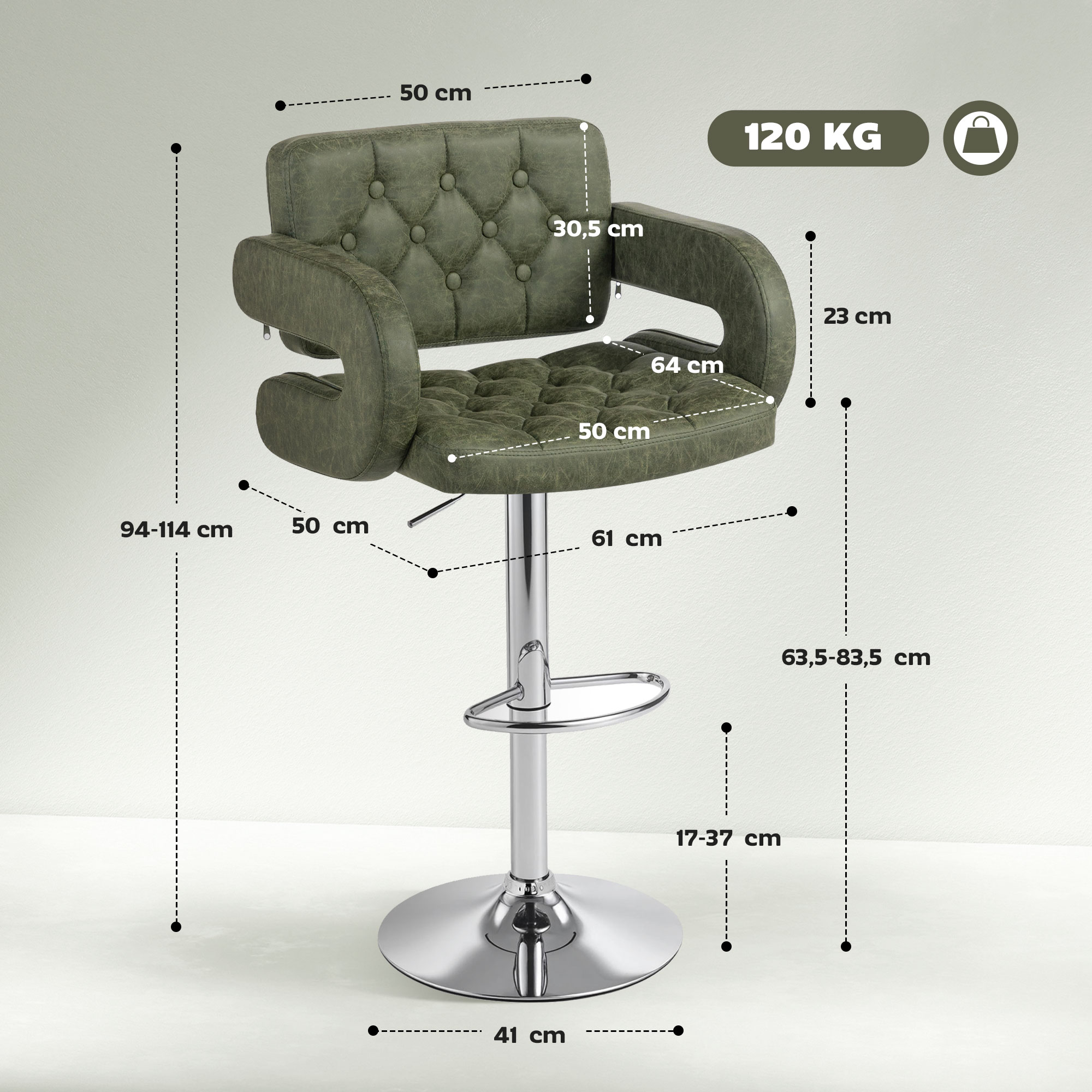 HOMCOM PU Leather Upholstered Swivel Bar Stool, Height Adjustable with Back, Armrest, Footrest, Green 3