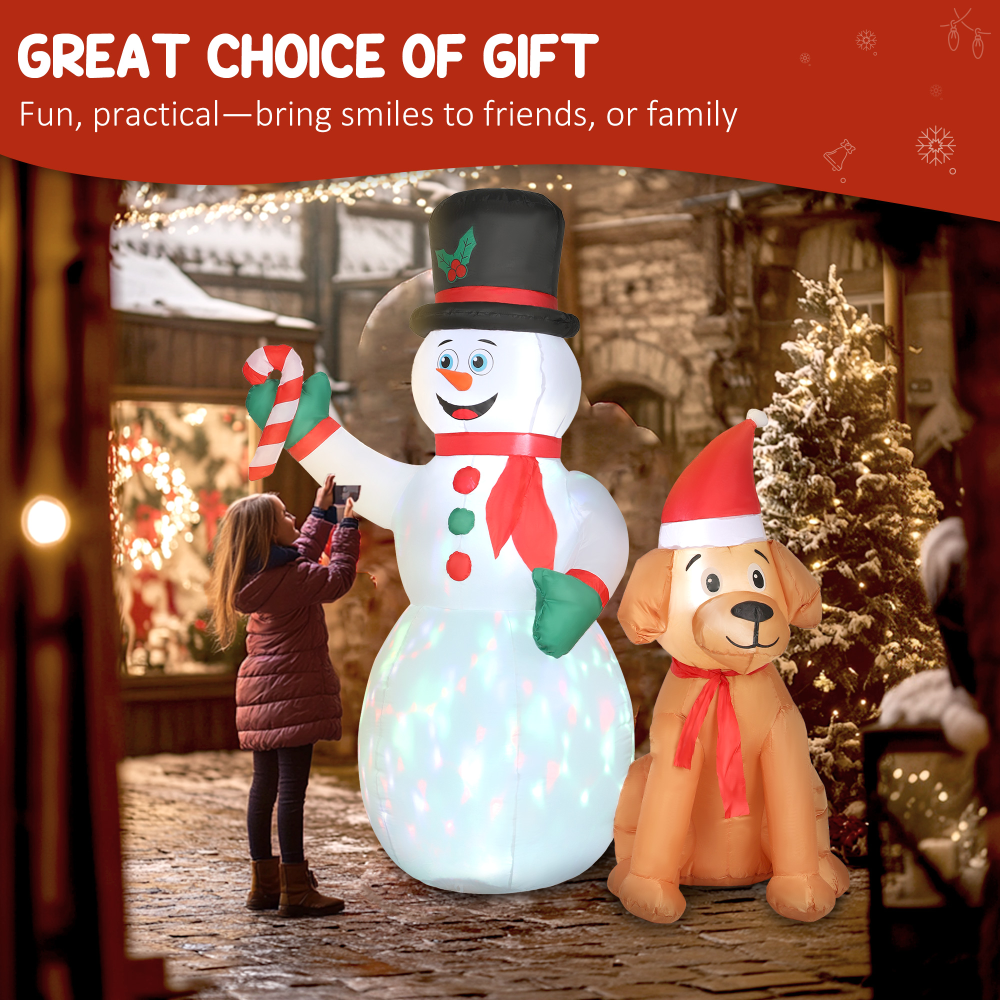 Outsunny 6FT Christmas Inflatables Snowman & Dog with Built-in LED Lights and Flashing Light, Blow Up Christmas Inflatable Decoration for Indoor Outdoor Decor, Garden 7