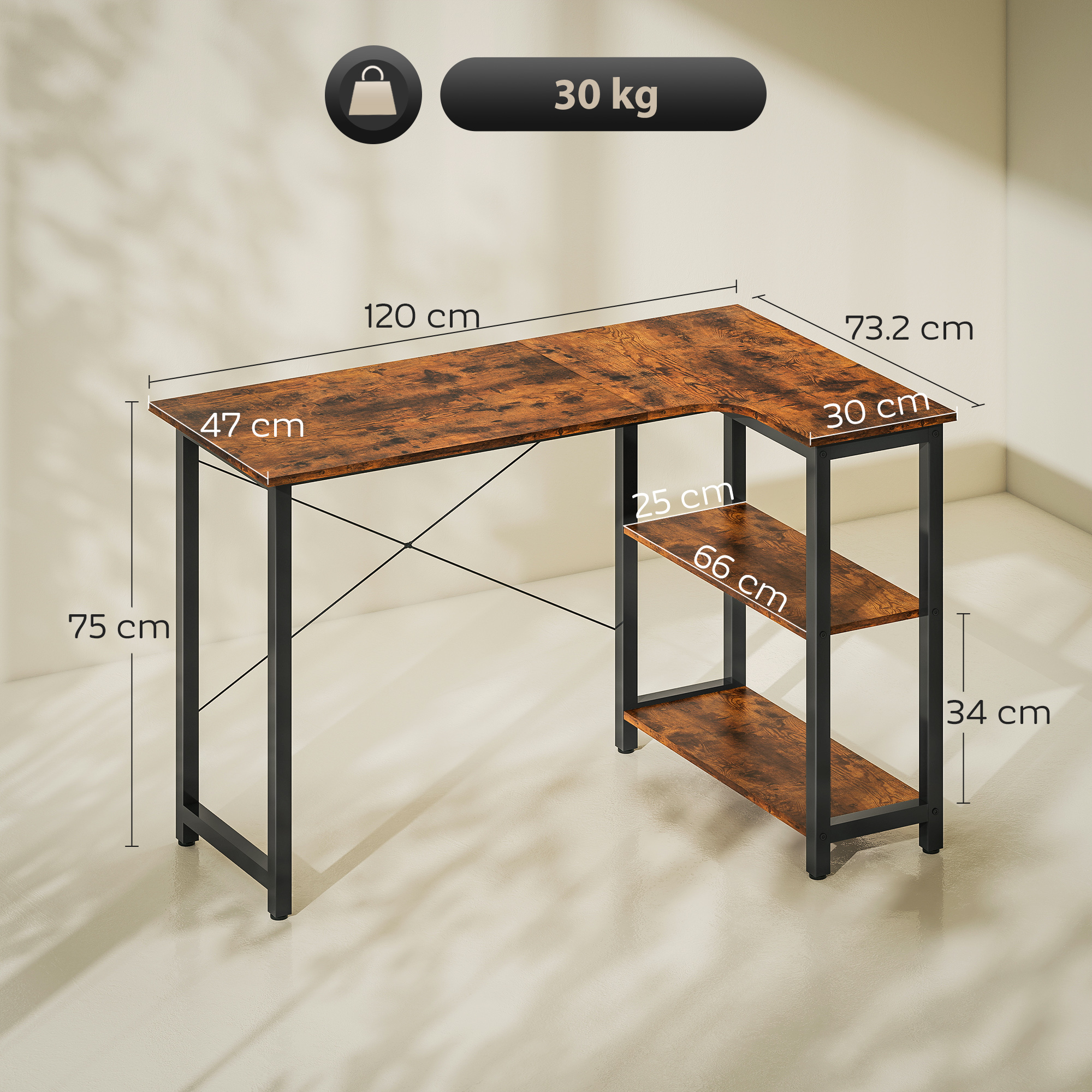 HOMCOM L Shaped Desk, Corner Computer Desk with Bookshelf for Home Office, Study Room, Workstation, 120 x 73.2 x 75cm, Rustic Brown 3