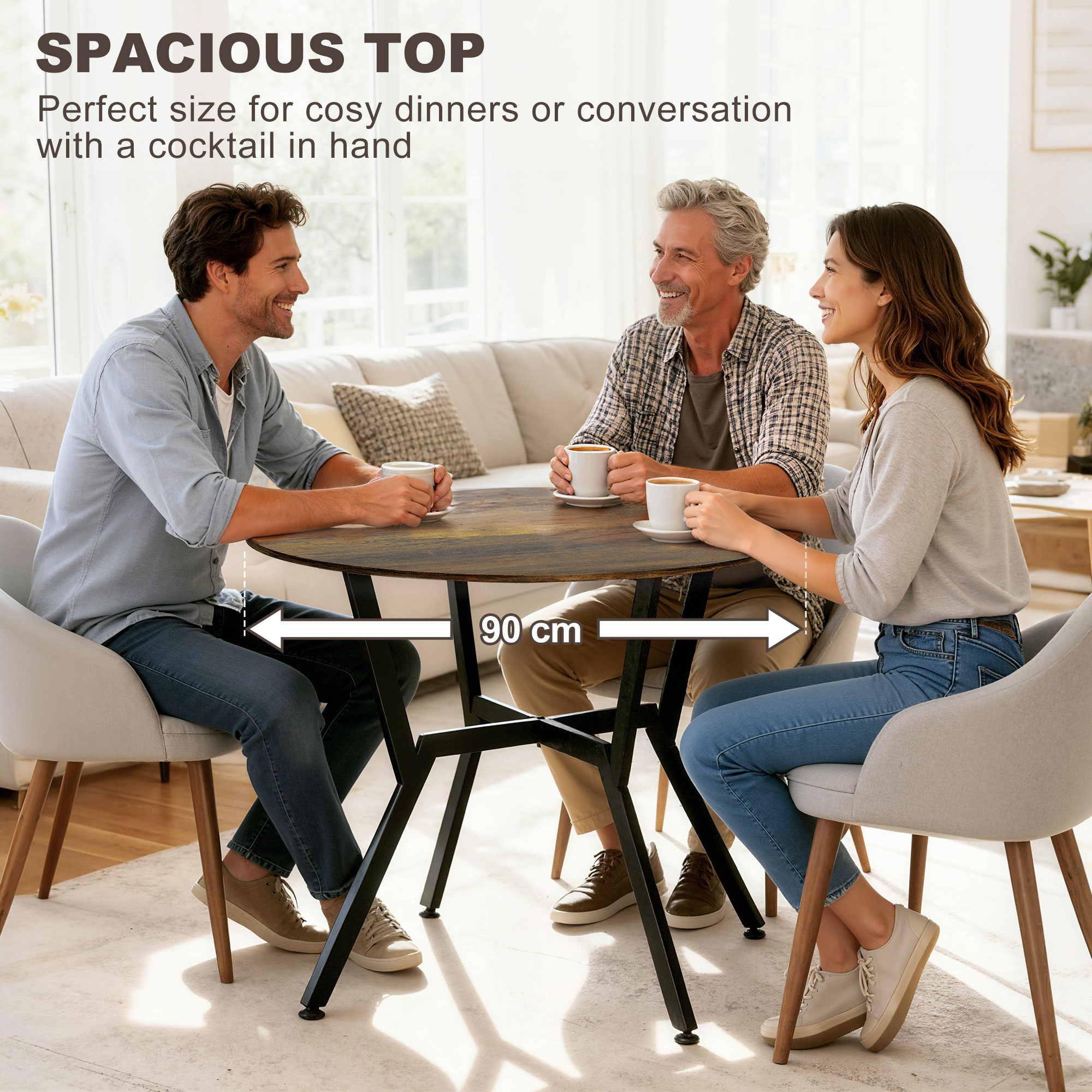 HOMCOM Dining Table, Round Kitchen Table with Black Legs, Anti-slip Foot Pads for Living Room, Dining Room 90 x 76 cm, Rustic Brown 6