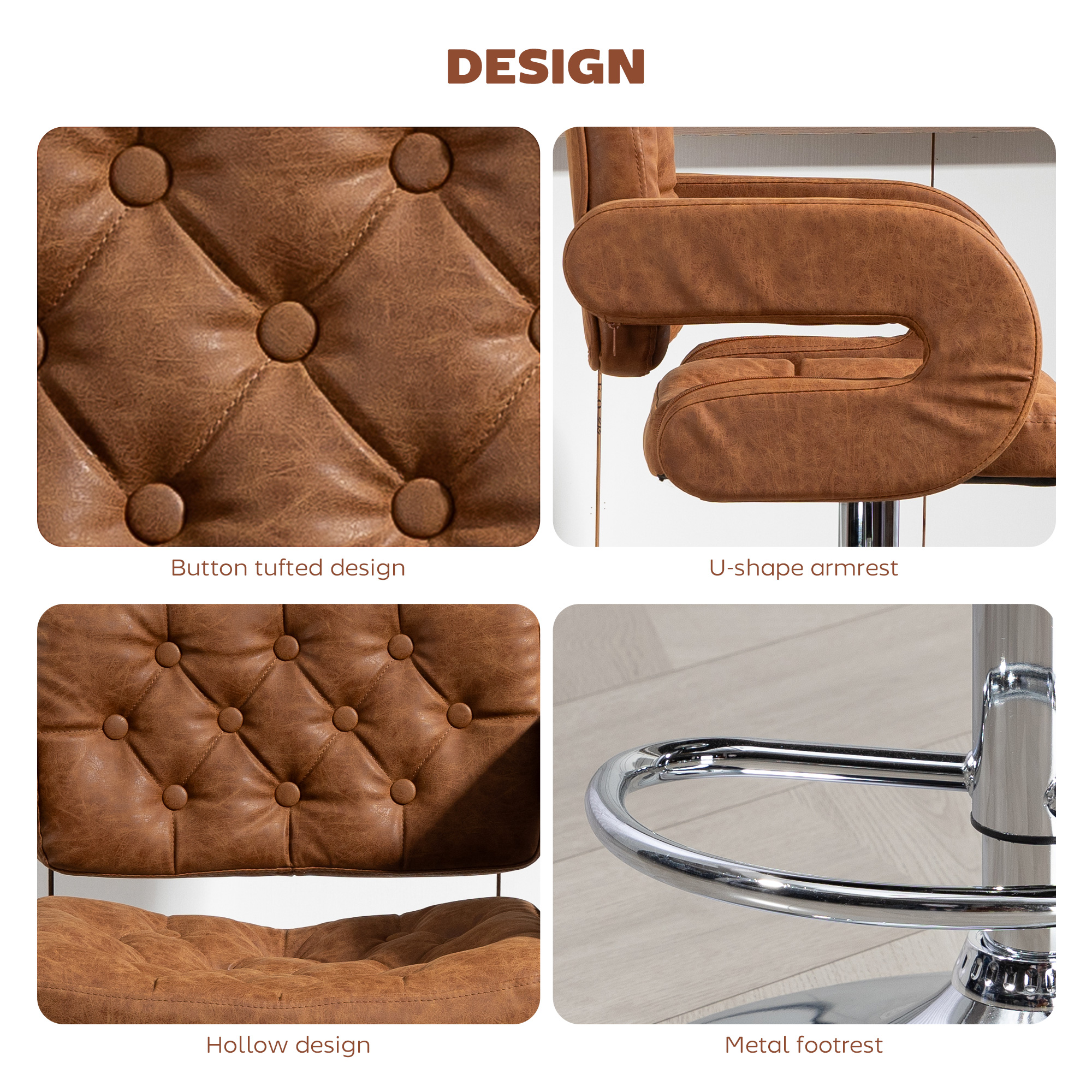 HOMCOM PU Leather Upholstered Swivel Bar Stool, Height Adjustable with Back, Armrest, Footrest, Brown 7