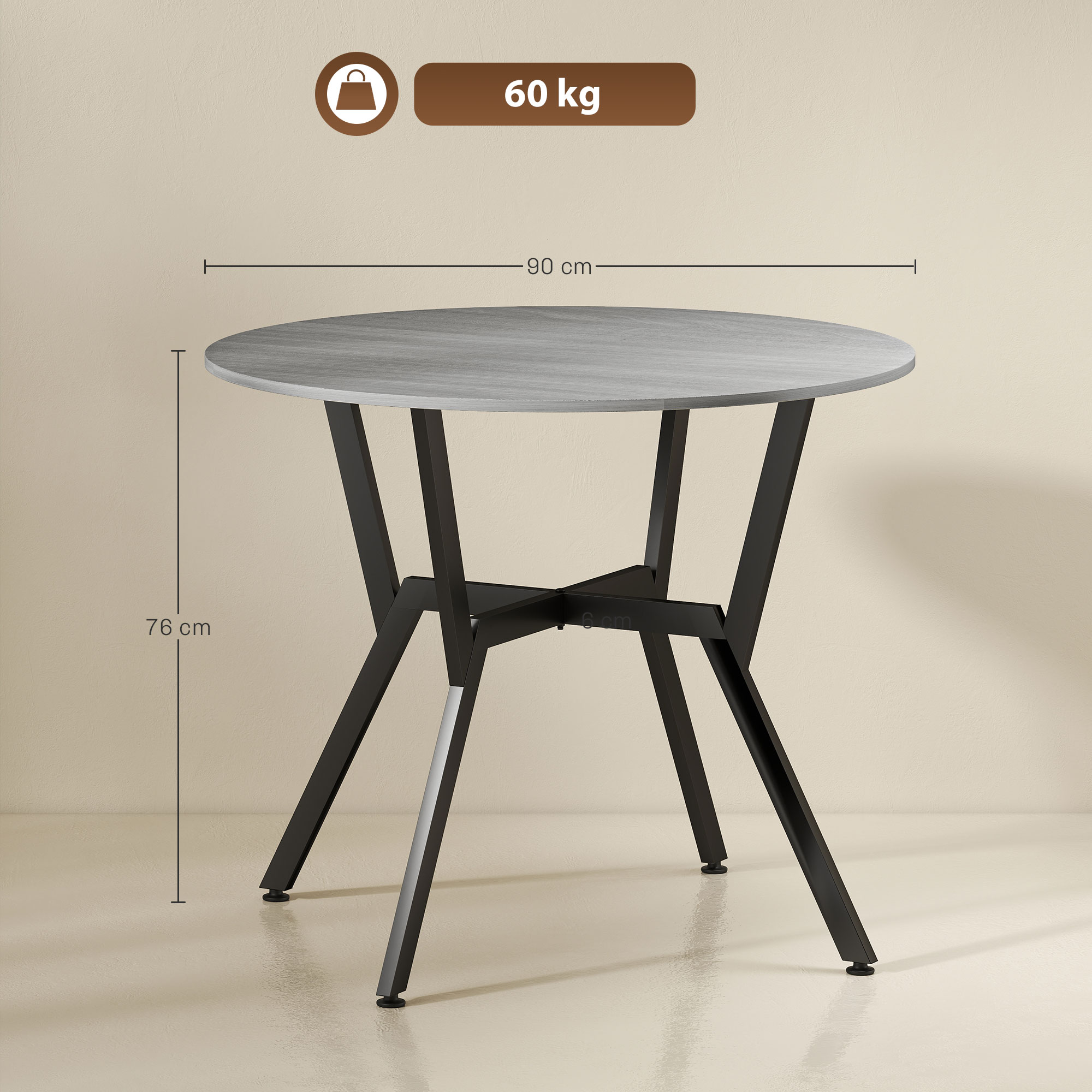 HOMCOM Dining Table, Round Kitchen Table with Black Legs, Anti-slip Foot Pads for Living Room, Dining Room 90 x 76 cm, Grey 3