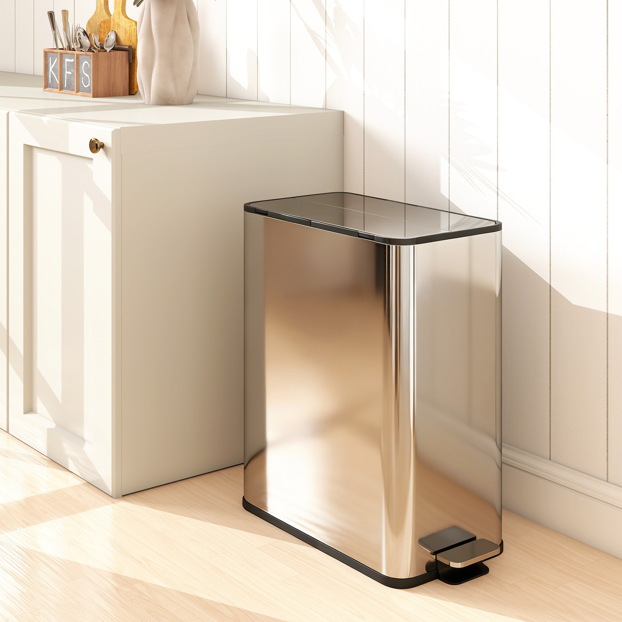 HOMCOM Dual Kitchen Bin with Soft-Close Butterfly Lid, 2 x 28L Stainless Steel Pedal Bin with Removable Inner Buckets, Fingerprint-Proof for Recycling and Waste, Silver Tone 8