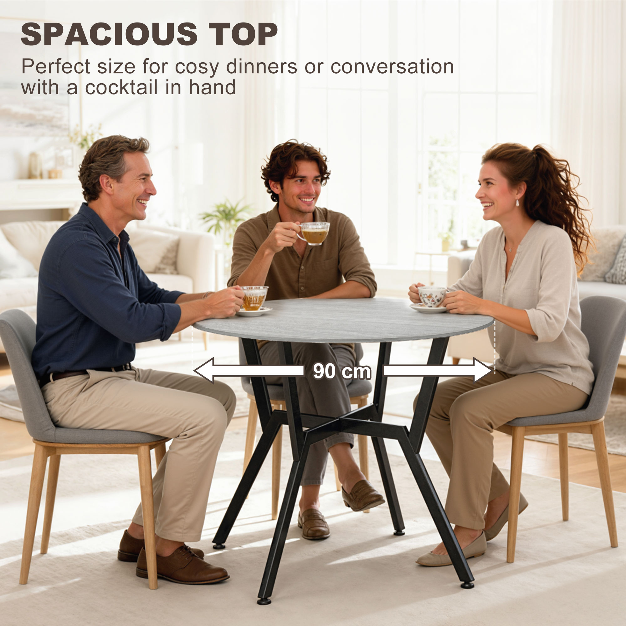 HOMCOM Dining Table, Round Kitchen Table with Black Legs, Anti-slip Foot Pads for Living Room, Dining Room 90 x 76 cm, Grey 6