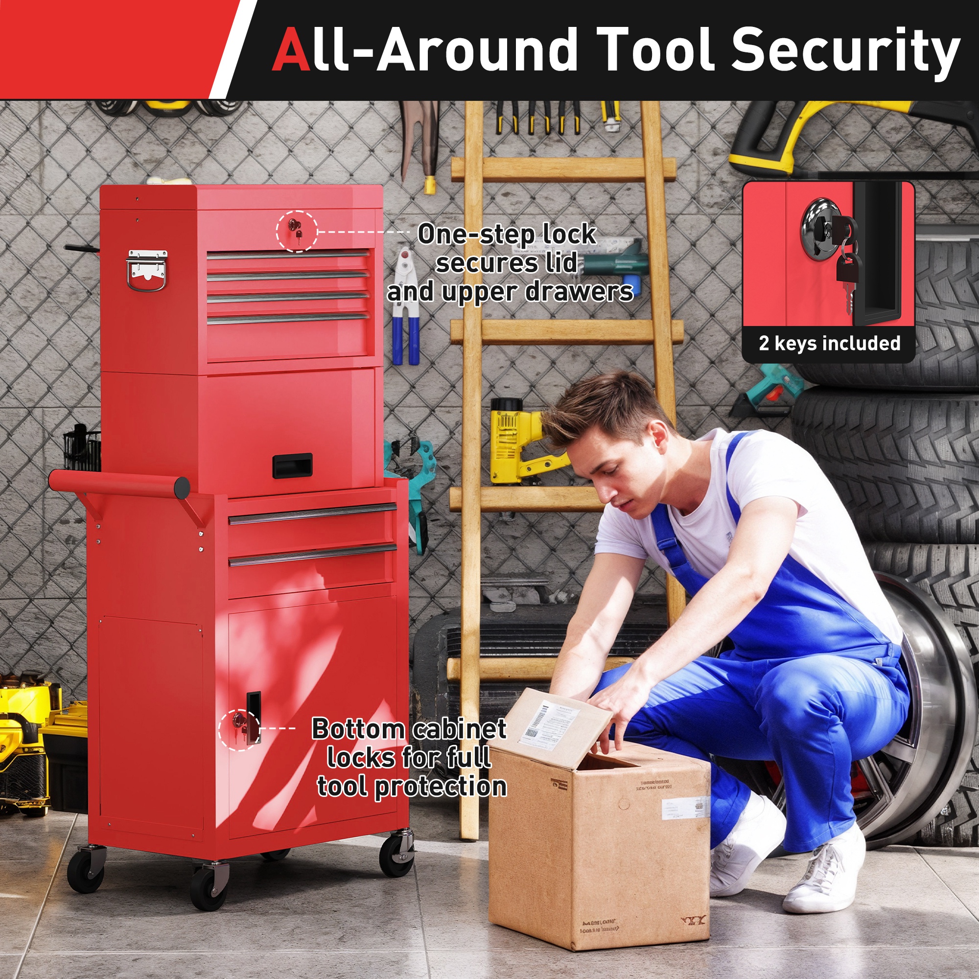 HOMCOM Three-Part Steel Locking Tool Chest Red 7