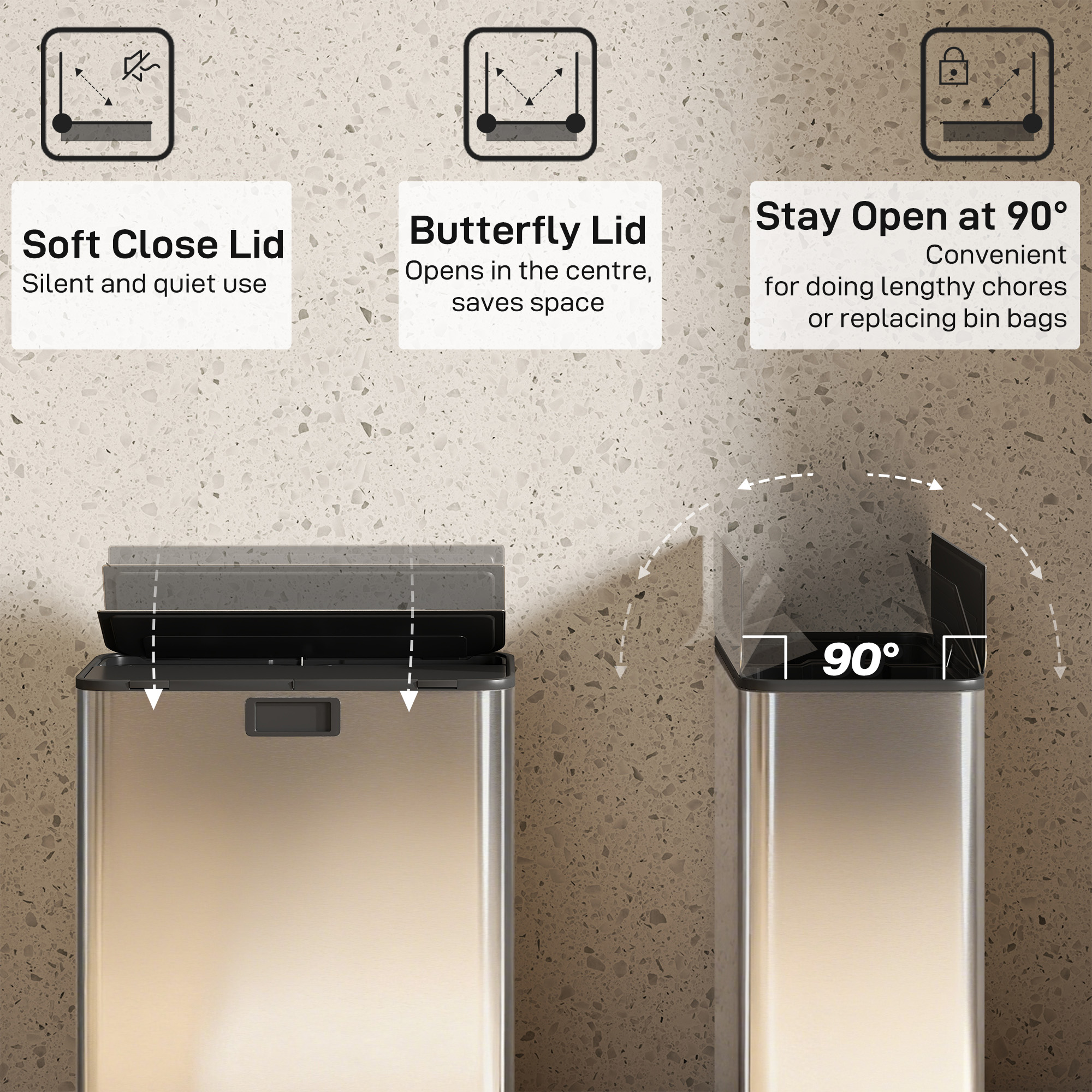 HOMCOM Dual Kitchen Bin with Soft-Close Butterfly Lid, 2 x 28L Stainless Steel Pedal Bin with Removable Inner Buckets, Fingerprint-Proof for Recycling and Waste, Silver Tone 5