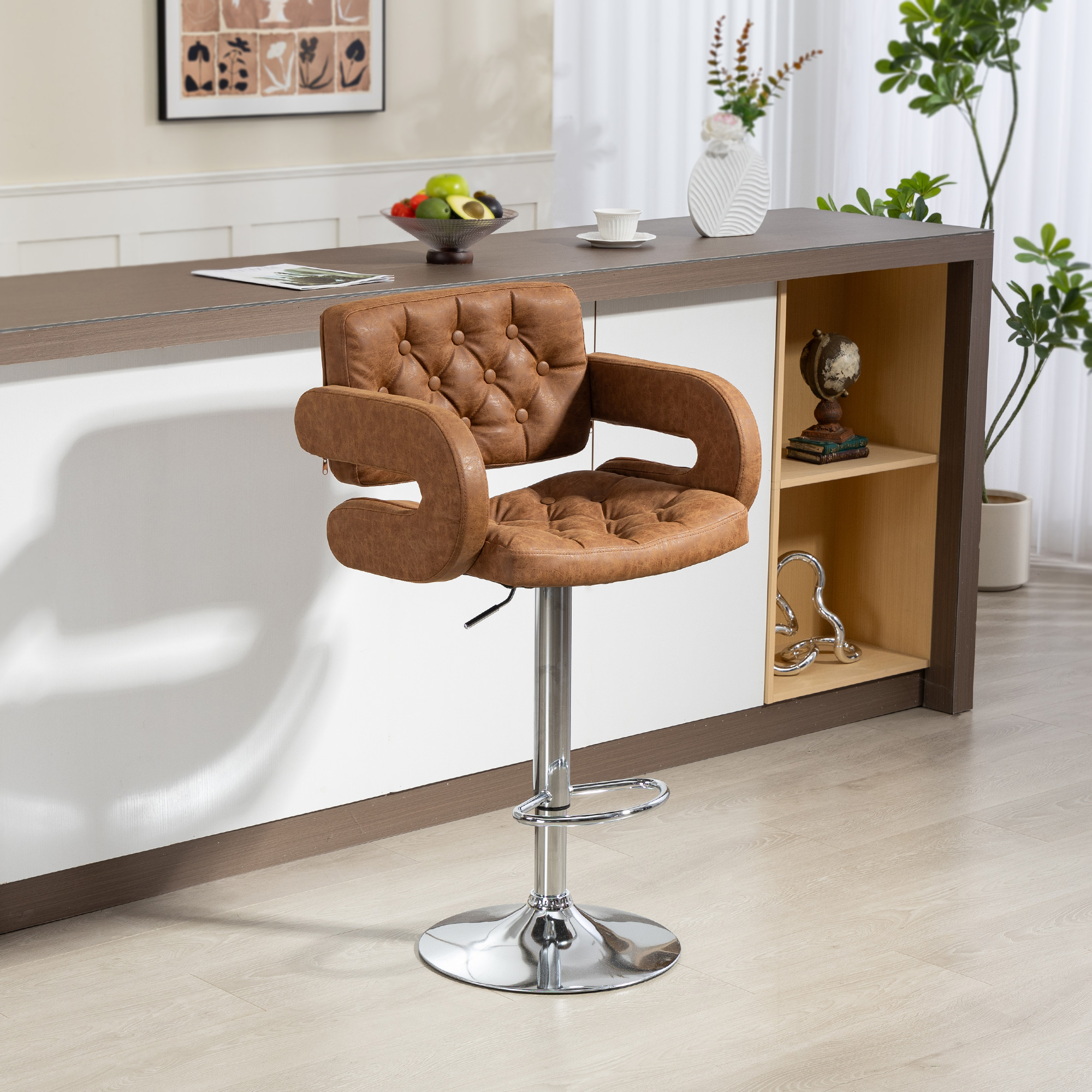 HOMCOM PU Leather Upholstered Swivel Bar Stool, Height Adjustable with Back, Armrest, Footrest, Brown 2