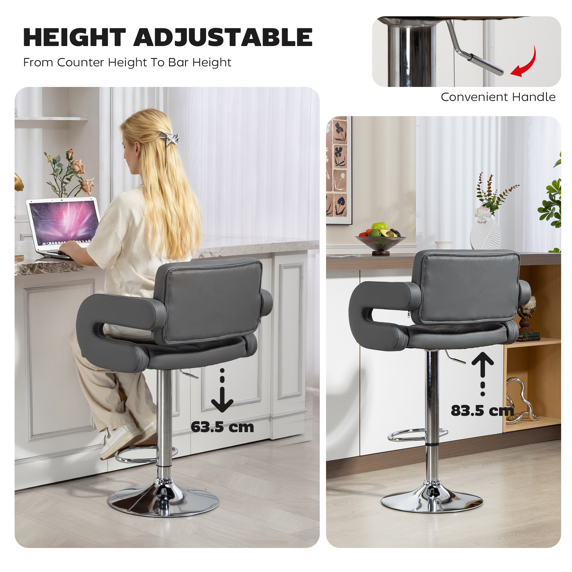 HOMCOM PU Leather Upholstered Swivel Bar Stool, Height Adjustable with Back, Armrest, Footrest, Grey 4
