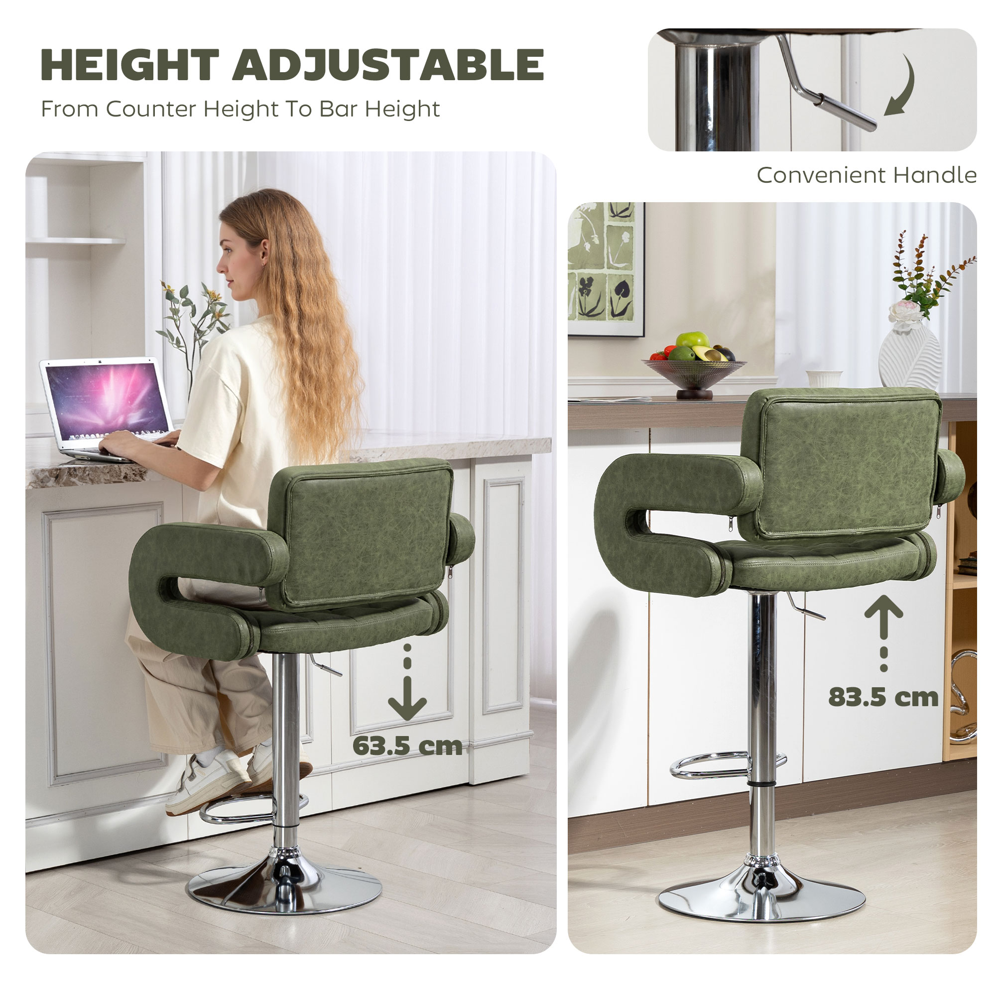 HOMCOM PU Leather Upholstered Swivel Bar Stool, Height Adjustable with Back, Armrest, Footrest, Green 4