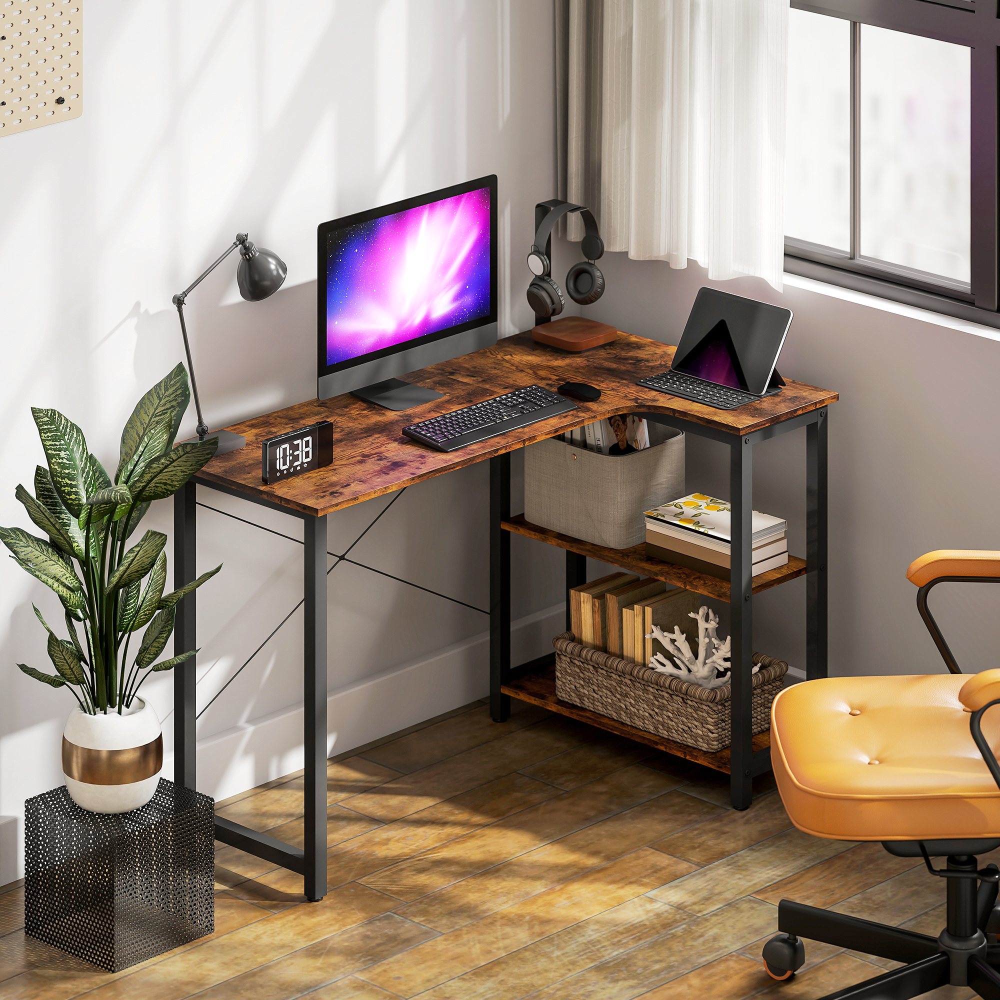 HOMCOM L Shaped Desk, Corner Computer Desk with Bookshelf for Home Office, Study Room, Workstation, 120 x 73.2 x 75cm, Rustic Brown 8