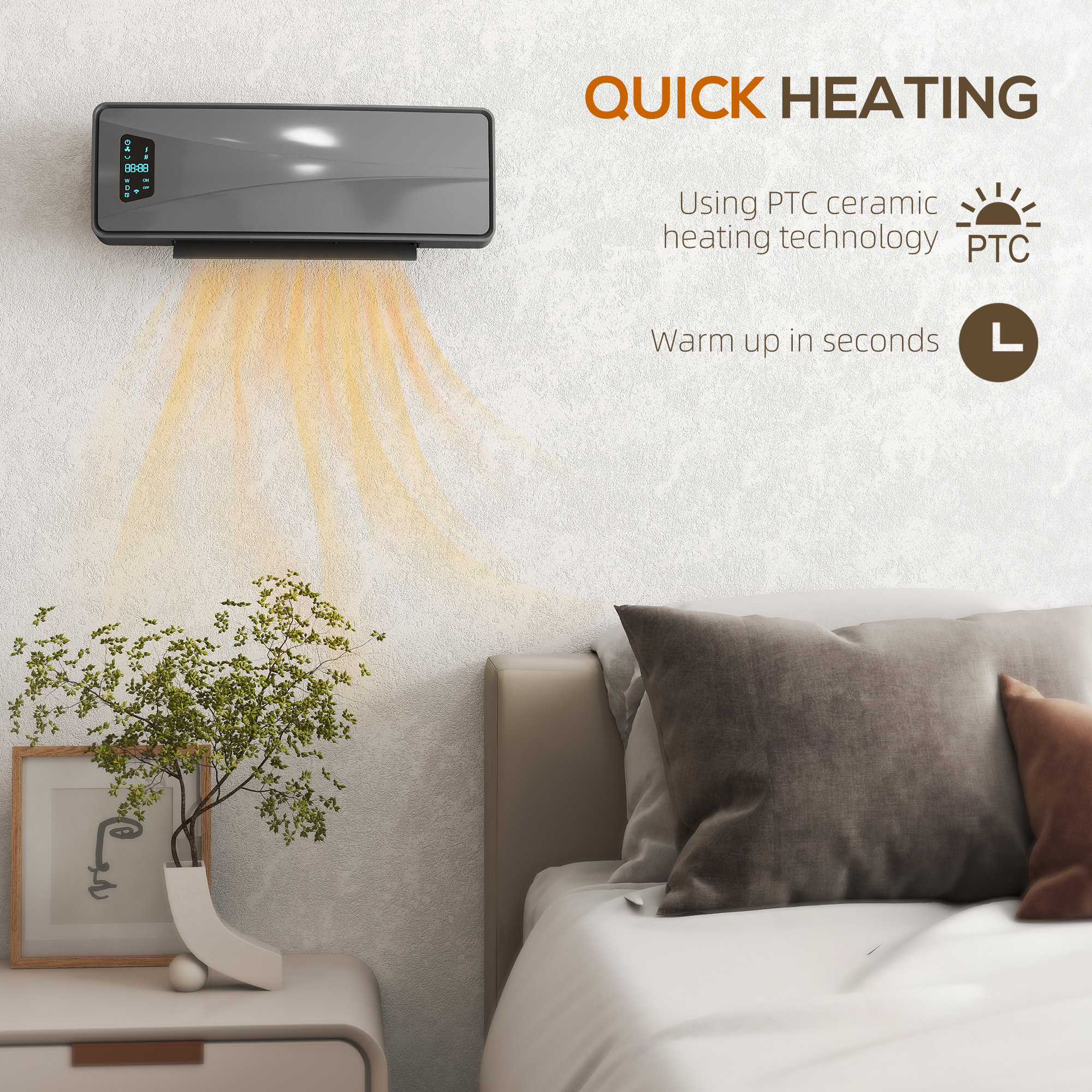HOMCOM 2000W Ceramic Electric Heater with Fan, Adjustable Thermostat, Wall Mounted Grey 4