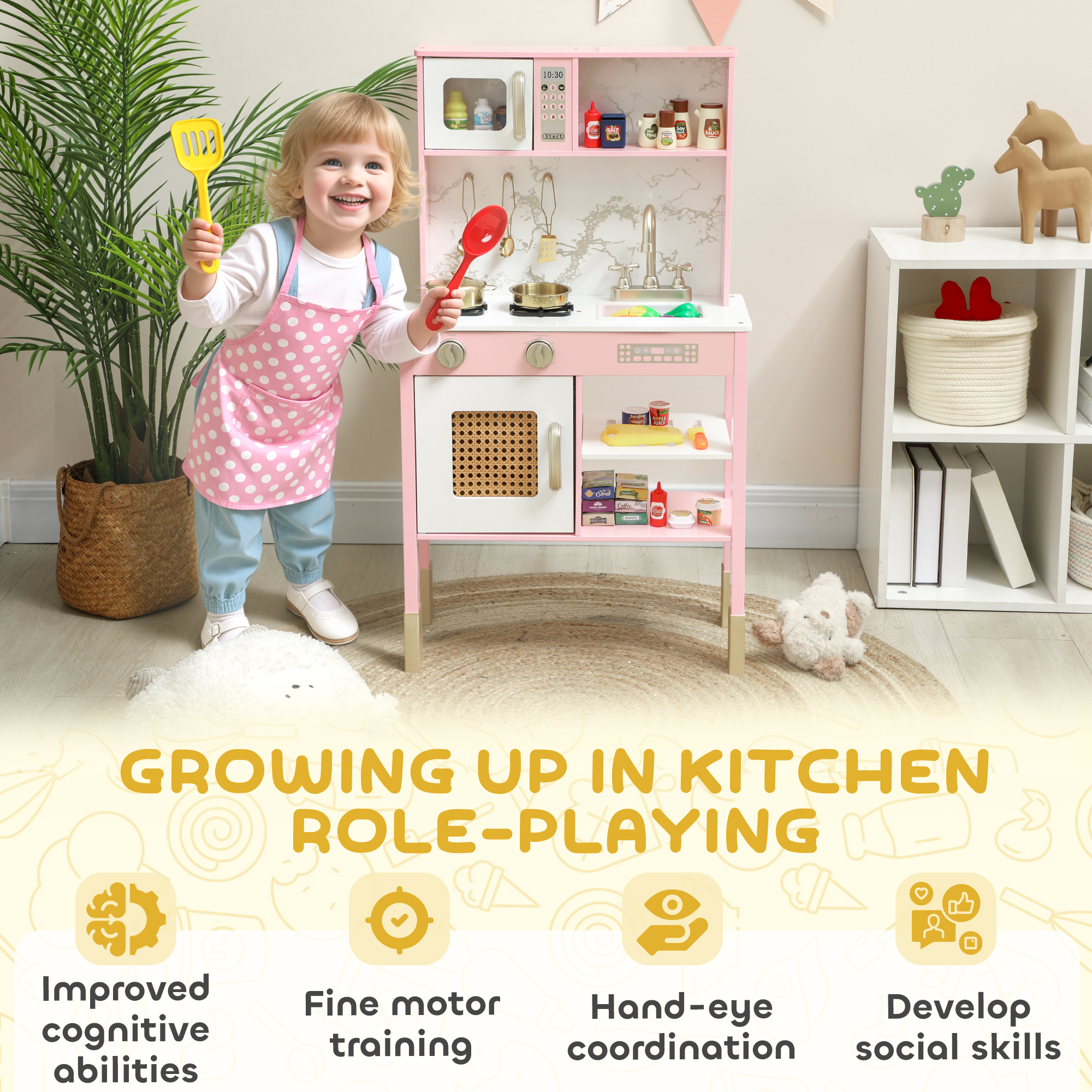 AIYAPLAY Kitchen Playset with Pretend Play Cooking Accessories, Play Kitchen with Oven, Microwave and Sink, Pink 8