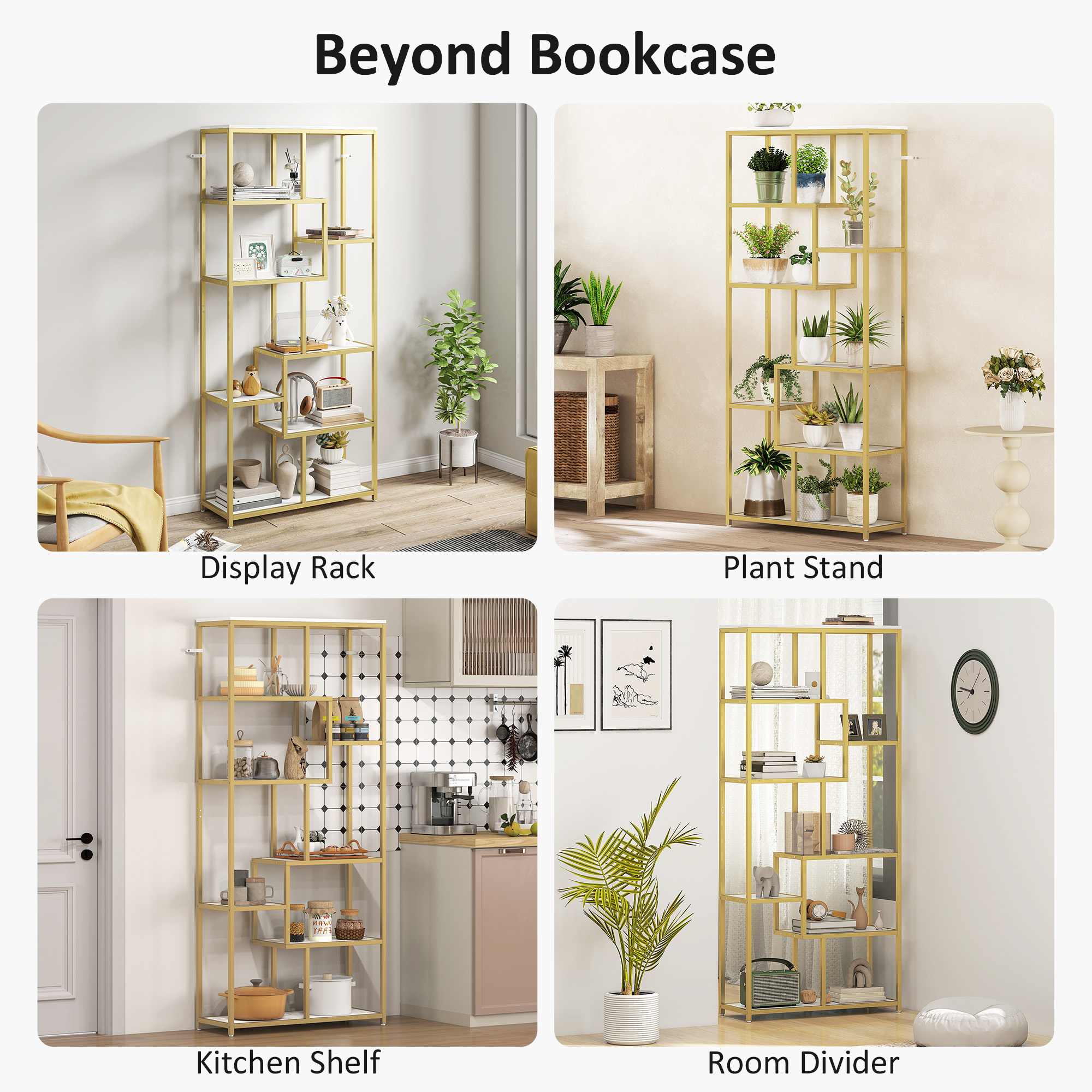 HOMCOM Seven-Tier Geometric Bookcase White/Gold Tone 6