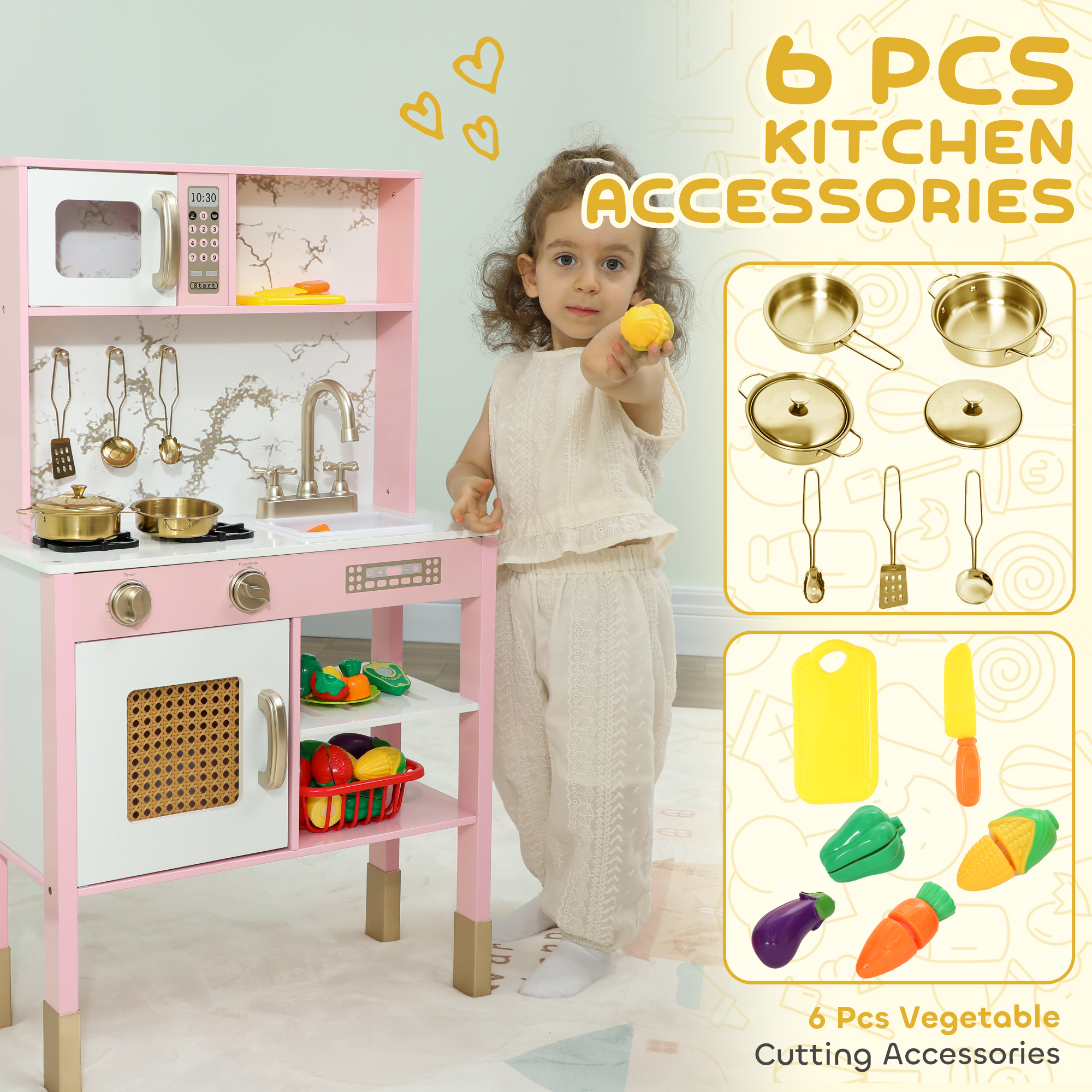 AIYAPLAY Kitchen Playset with Pretend Play Cooking Accessories, Play Kitchen with Oven, Microwave and Sink, Pink 6