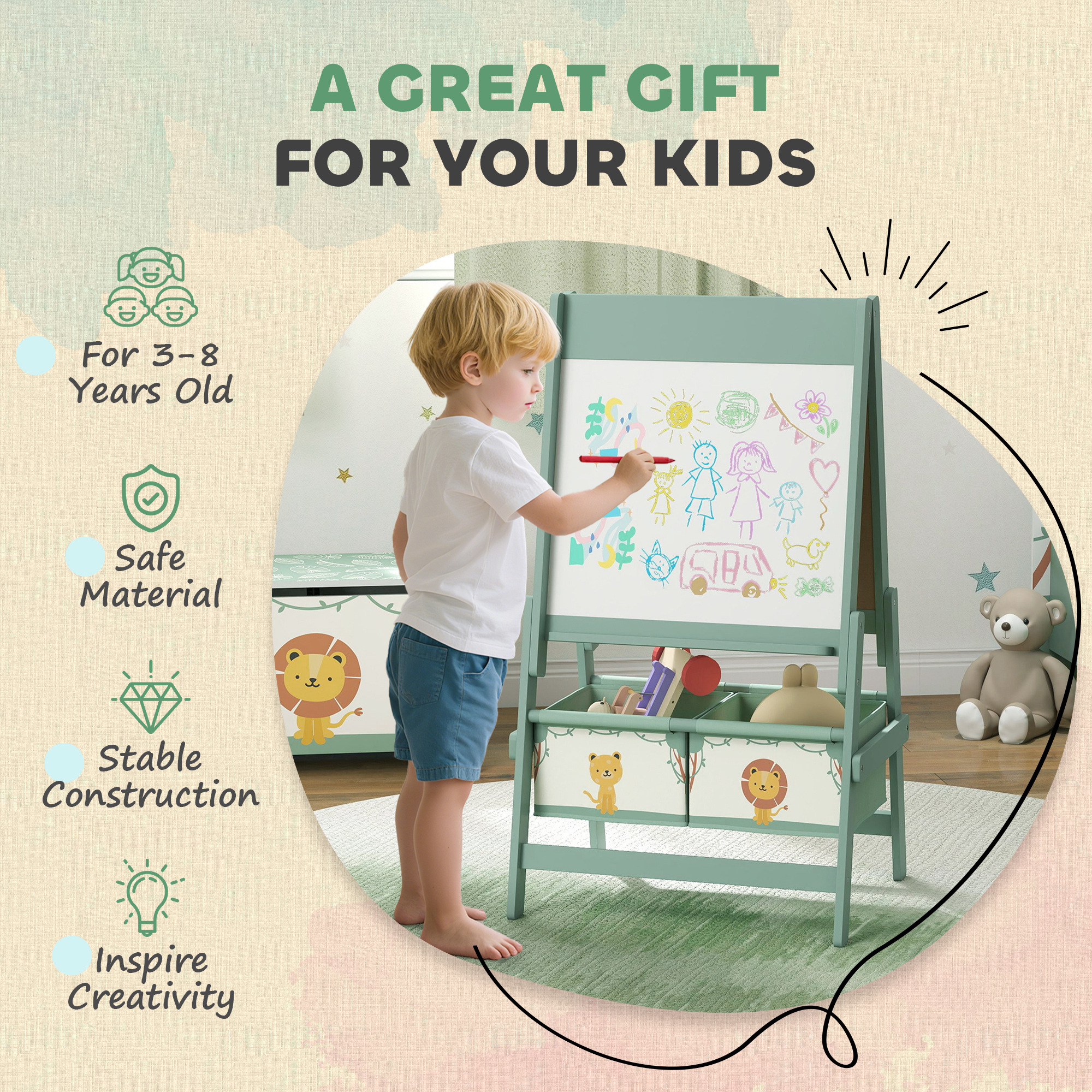 AIYAPLAY Art Easel for Kids, Double-Sided Whiteboard/Blackboard with Paper Roll, Two Storage Boxes, for Ages 3-8 Years, Green 6