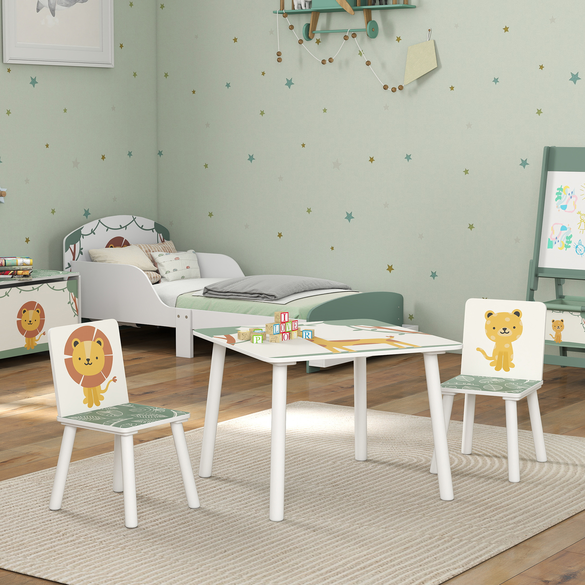 AIYAPLAY 3-Piece Toddler Table and Chair Set, Kids Table with 2 Chairs Set for Bedroom, Nursery, Playroom, Green 9