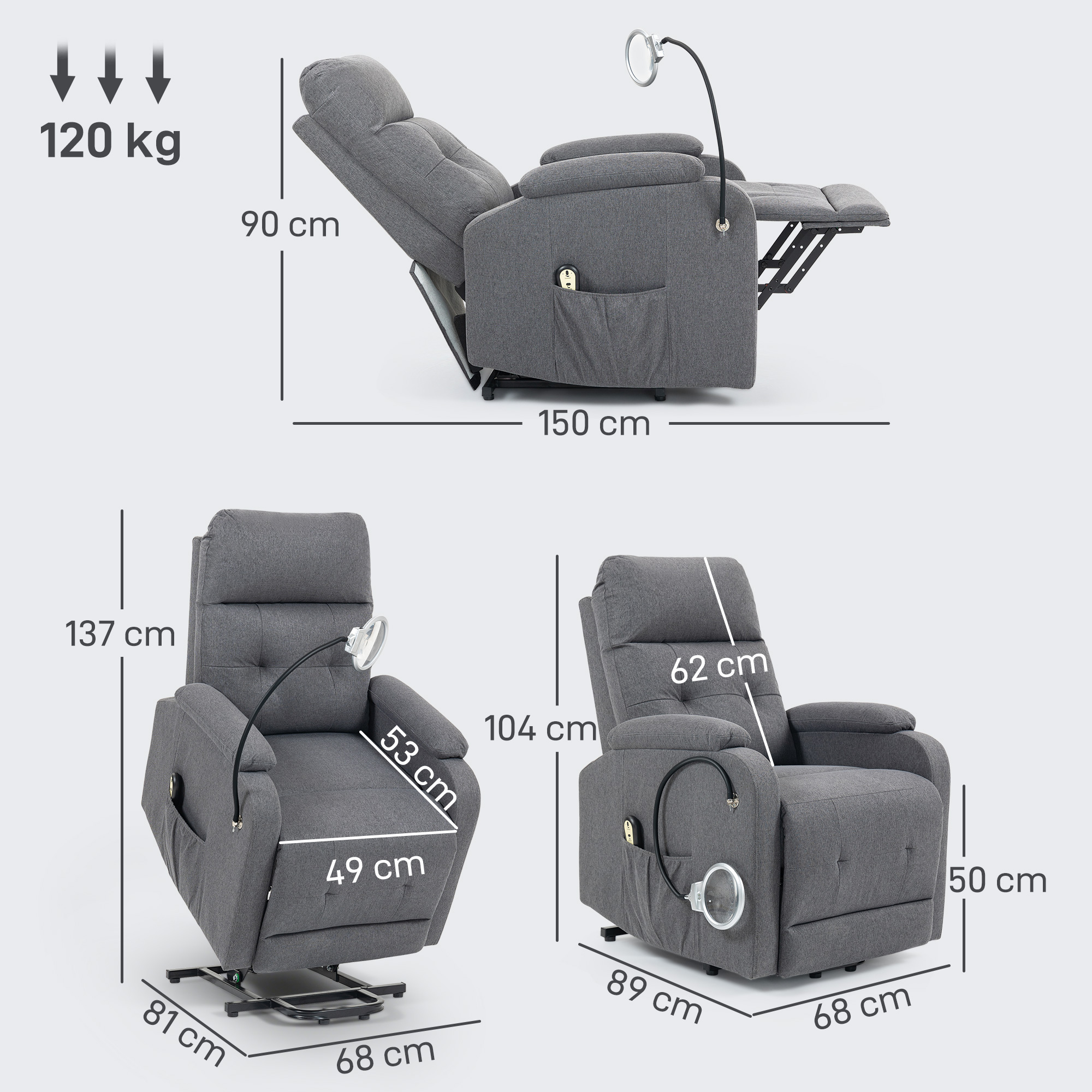 HOMCOM Electric Rise/Recline Armchair, with Reading Light Grey 3
