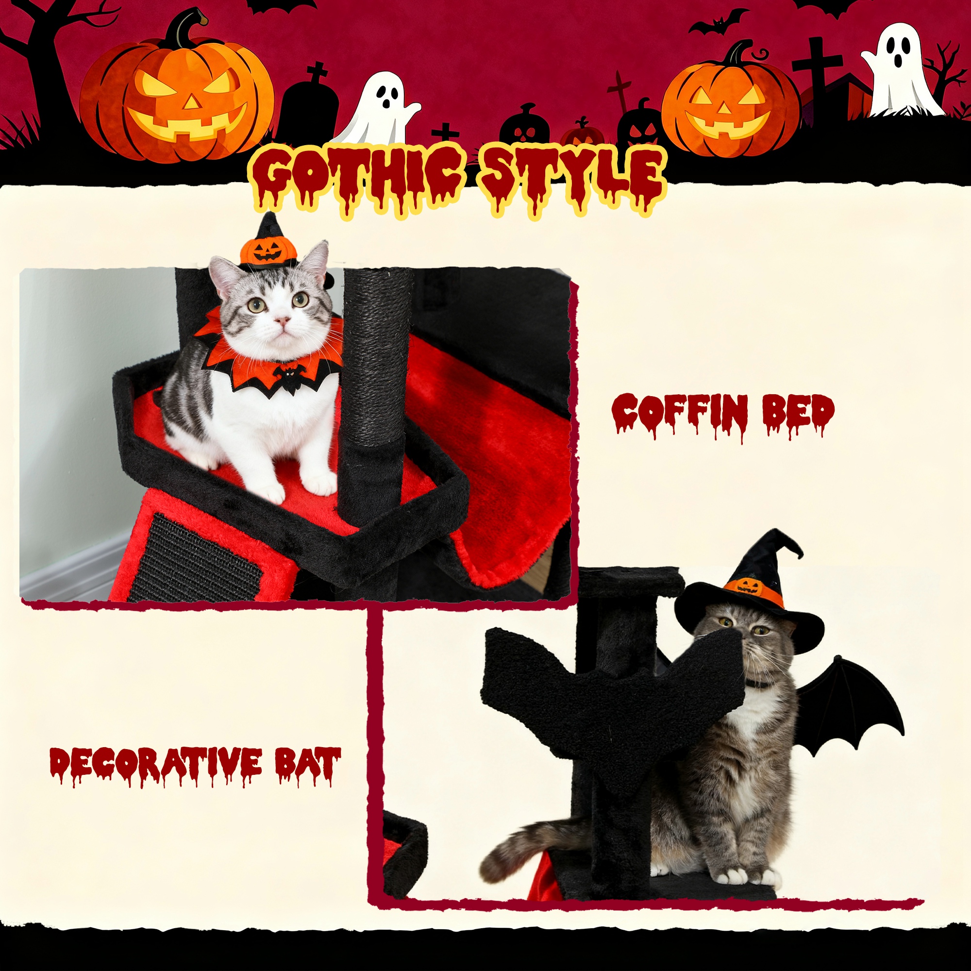 PawHut Gothic Cat Tree, 152 cm Multi-Level Cat Tower for Large Cats with Coffin Bed, Large Condo, for Halloween 5