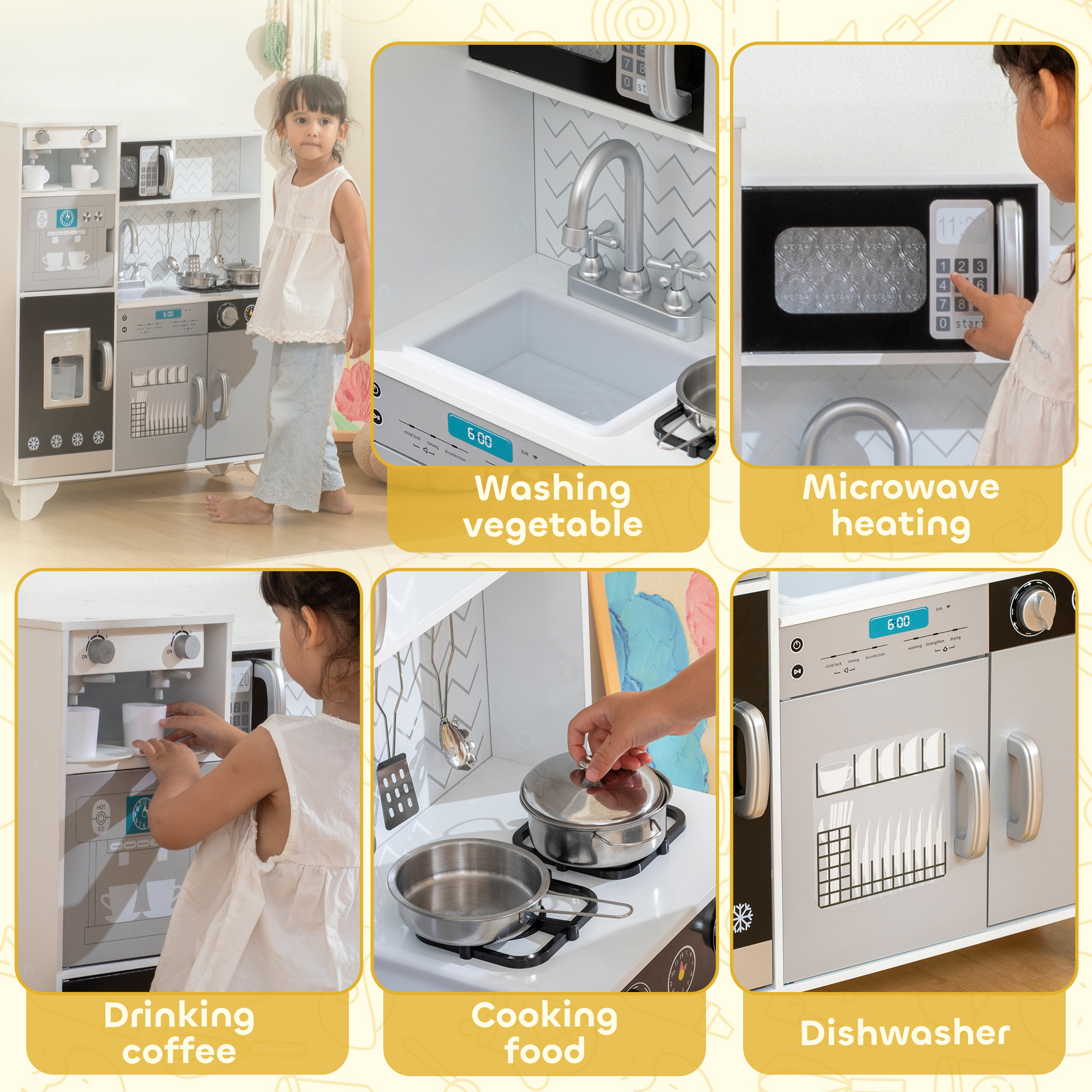 AIYAPLAY Kids Play Kitchen with Sound, Ice/Coffee Maker, Utensils, Microwave, Stainless Steel Utensils, for 3-6 Years 5