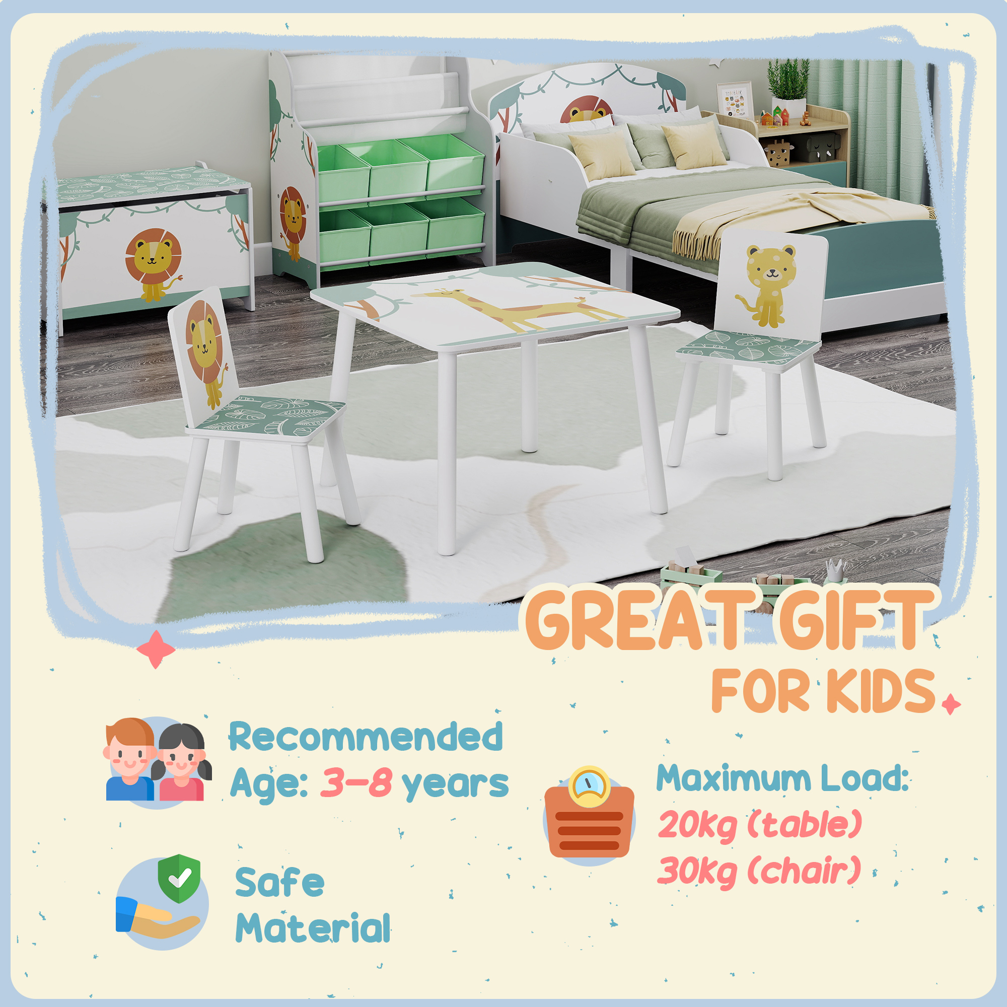 AIYAPLAY 3-Piece Toddler Table and Chair Set, Kids Table with 2 Chairs Set for Bedroom, Nursery, Playroom, Green 7