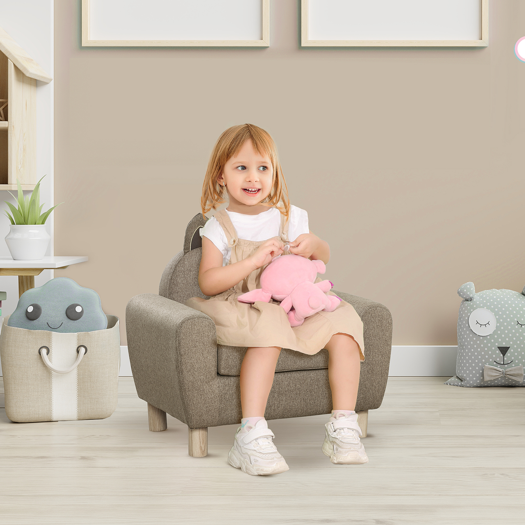 HOMCOM Kids Sofa Toddler Chair Children Armchair for Preschool Bedroom Playroom with Ear Modeling Wood Brown 2