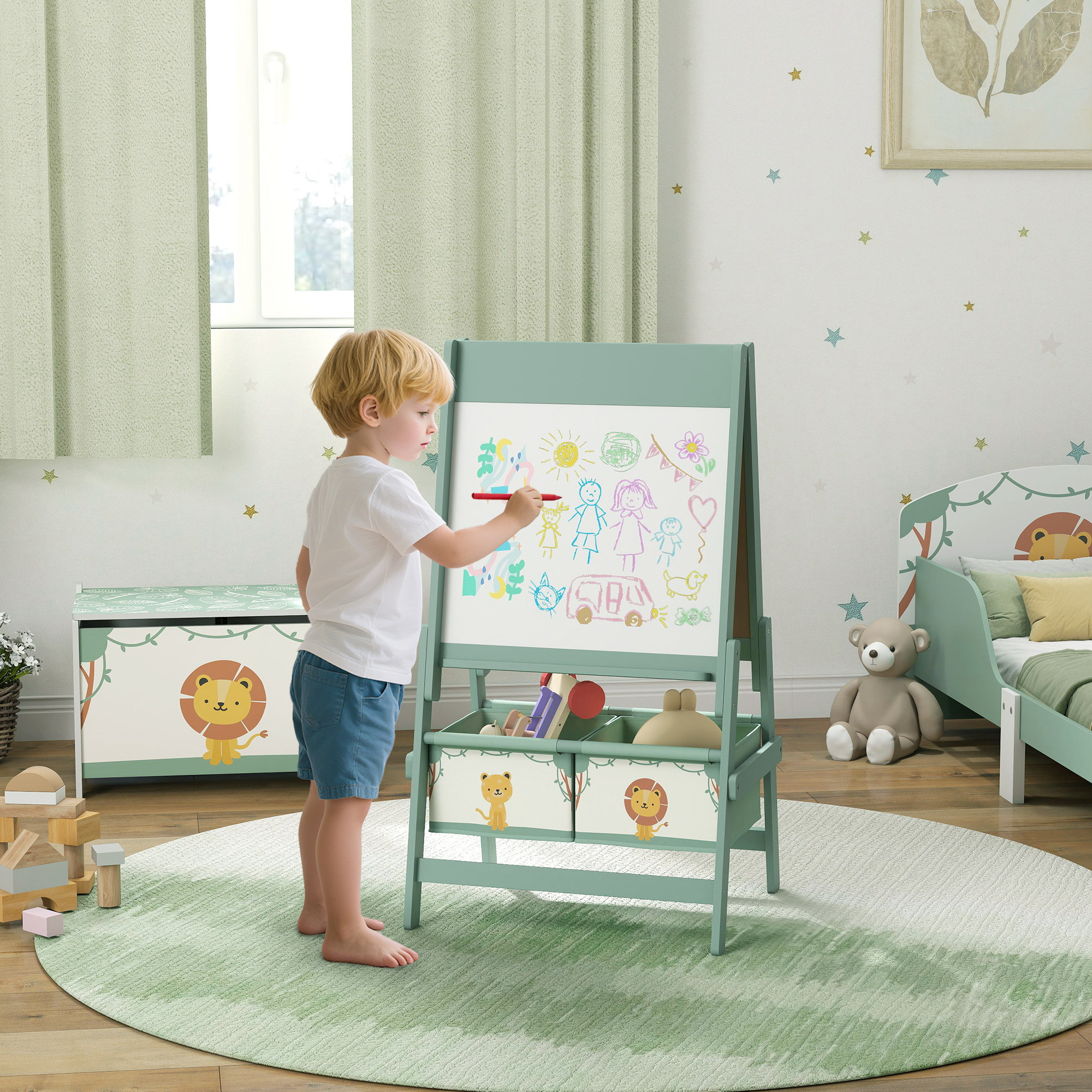 AIYAPLAY Art Easel for Kids, Double-Sided Whiteboard/Blackboard with Paper Roll, Two Storage Boxes, for Ages 3-8 Years, Green 2