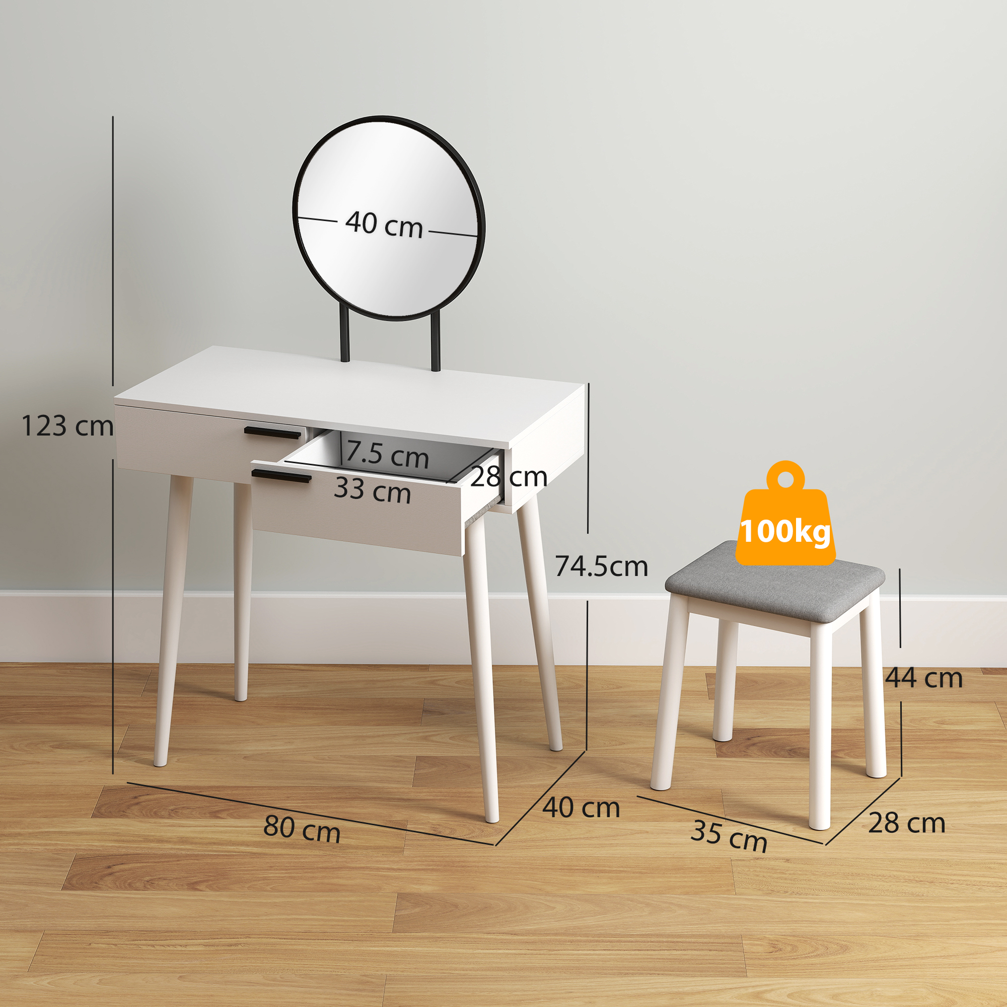 HOMCOM Dressing Table with Mirror and Stool, Vanity Makeup Desk Set with 2 Drawers, Cushioned Stool and Make-up Organiser for Bedroom and Dressing Room, 80 x 40 x 123 cm, White 3