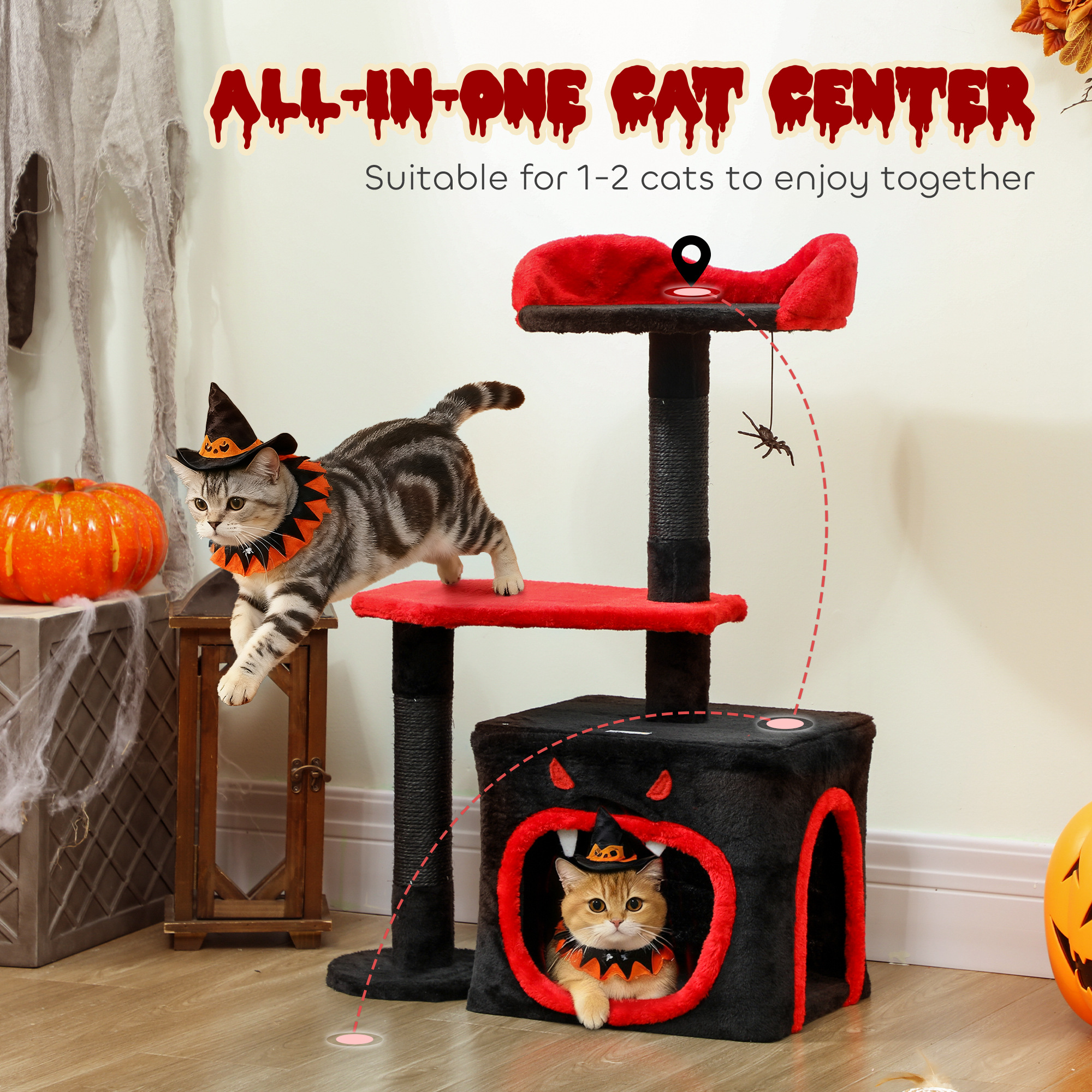 PawHut Cat Tree, Gothic Cat Tower with Scratching Posts, Cute Condo, Coffin Platform, Bed and Spider Toy, Halloween 4