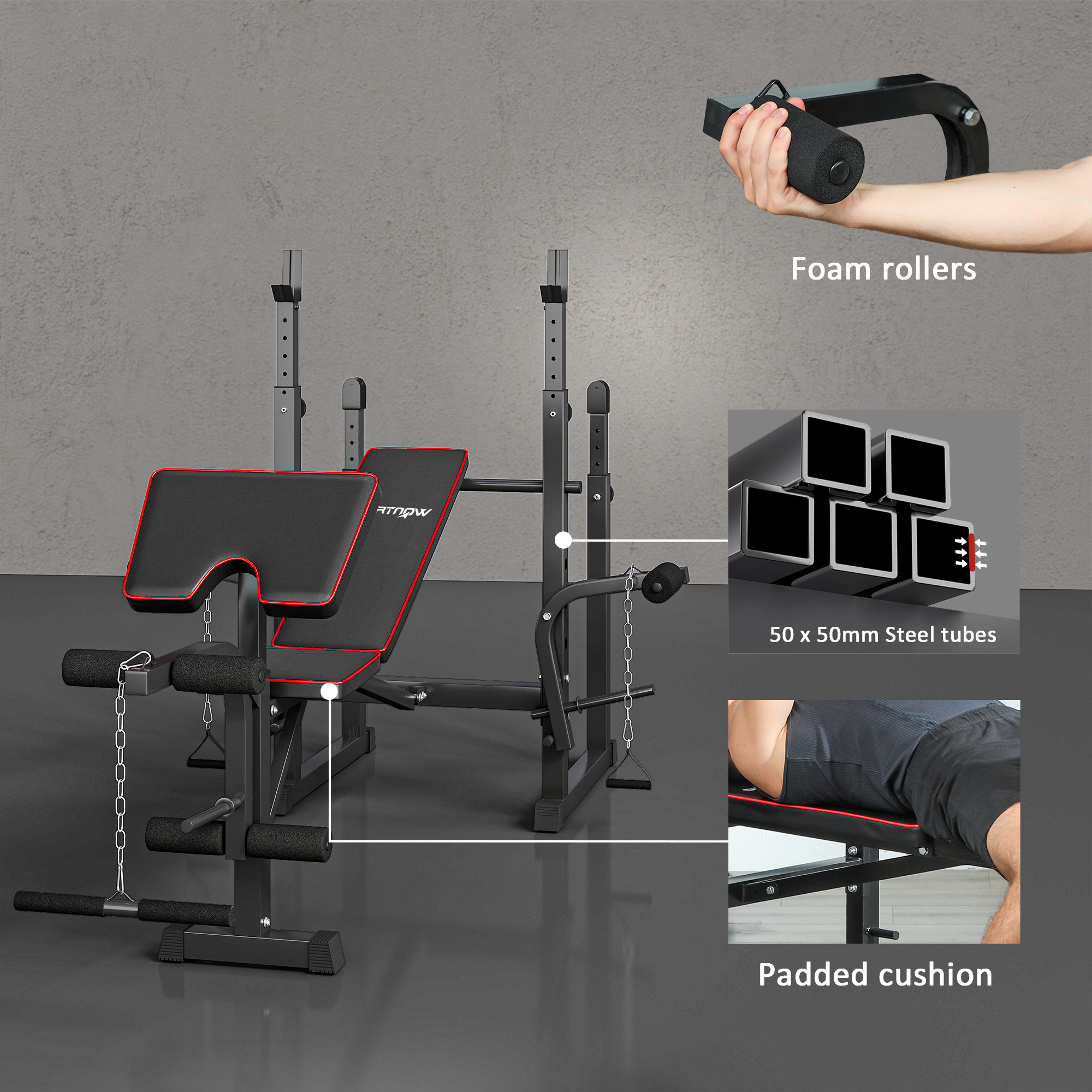 SPORTNOW Weight Bench with Two Barbell Racks, Leg Curl Machine, Preacher Curl Bench, Black 7