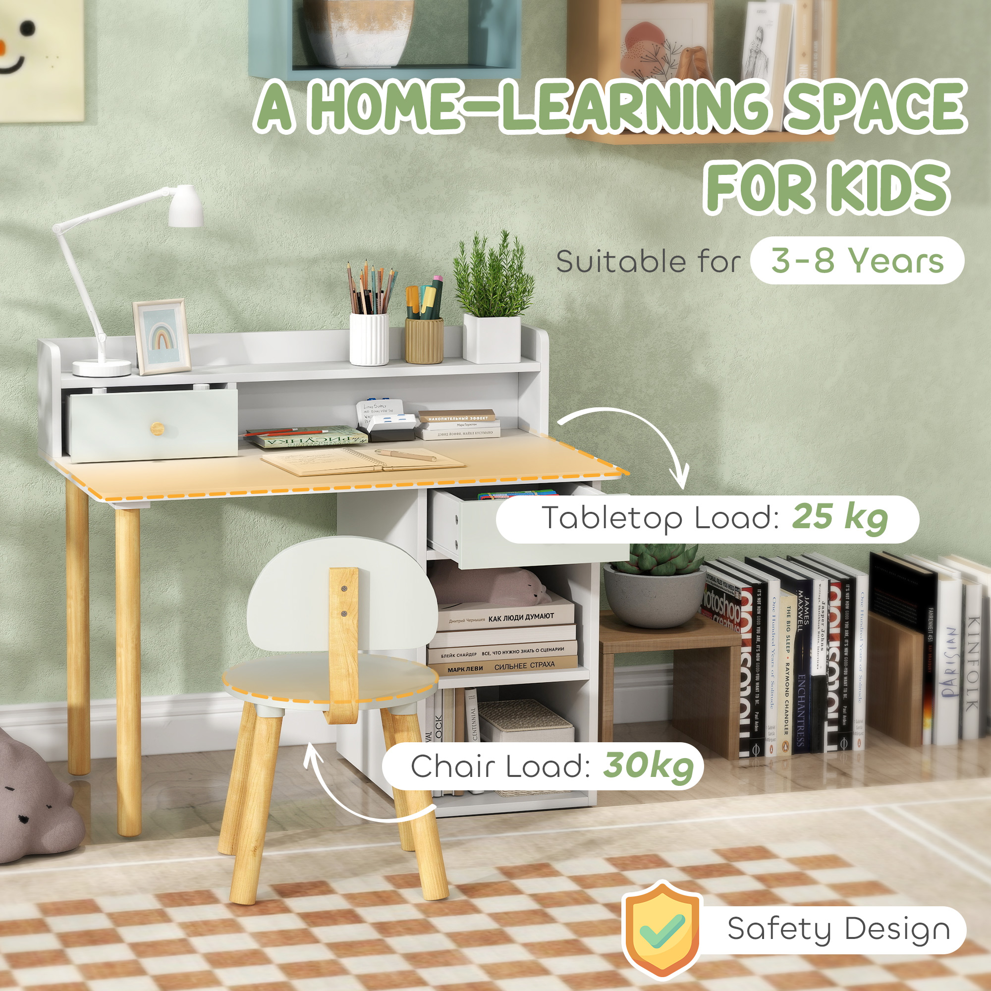 AIYAPLAY Two-Piece Children Study Table with Hutch, Kids Desk and Chair Set with Storage, Drawer, Shelves, Green 7