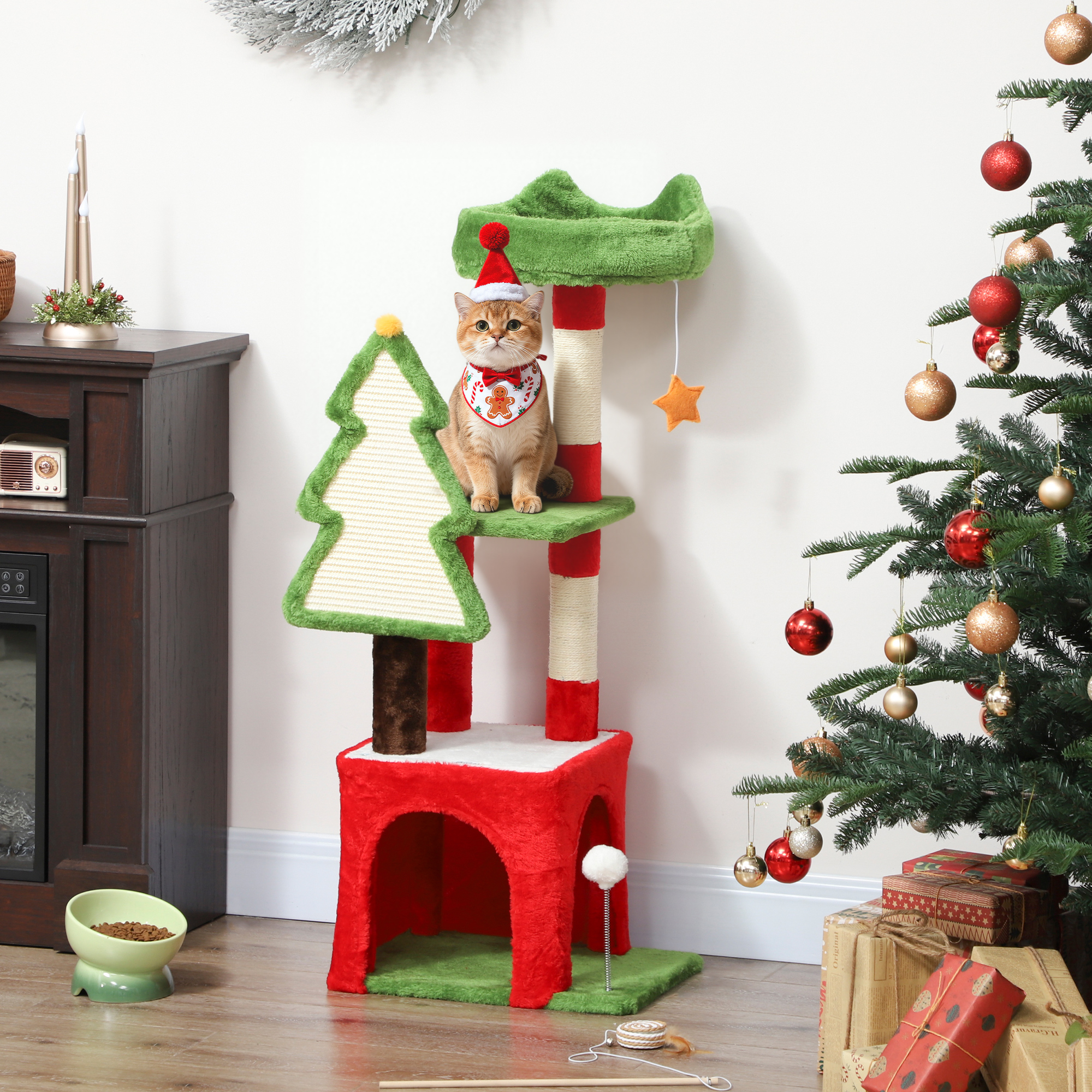PawHut Christmas Cat Tree, 120cm Cat Tower with Scratching Post & Board, Platform, Toys, Green 2