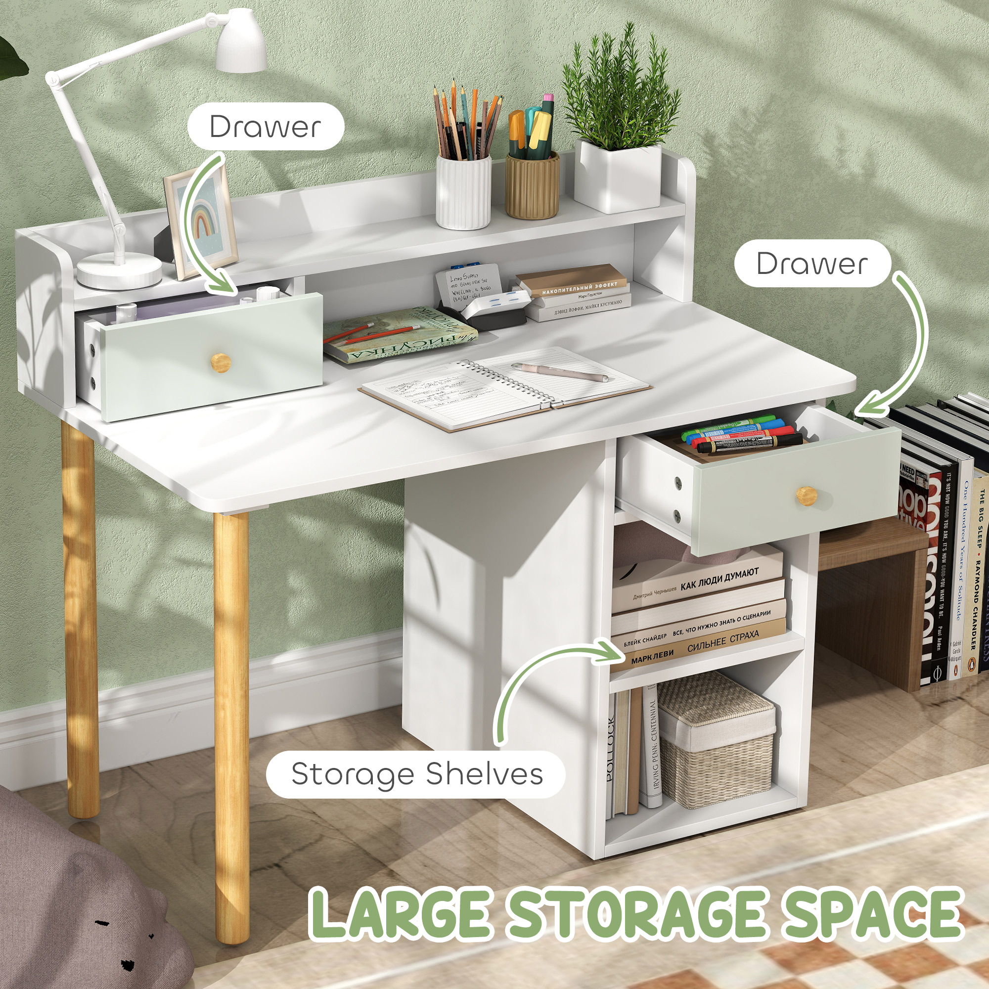 AIYAPLAY Two-Piece Children Study Table with Hutch, Kids Desk and Chair Set with Storage, Drawer, Shelves, Green 5