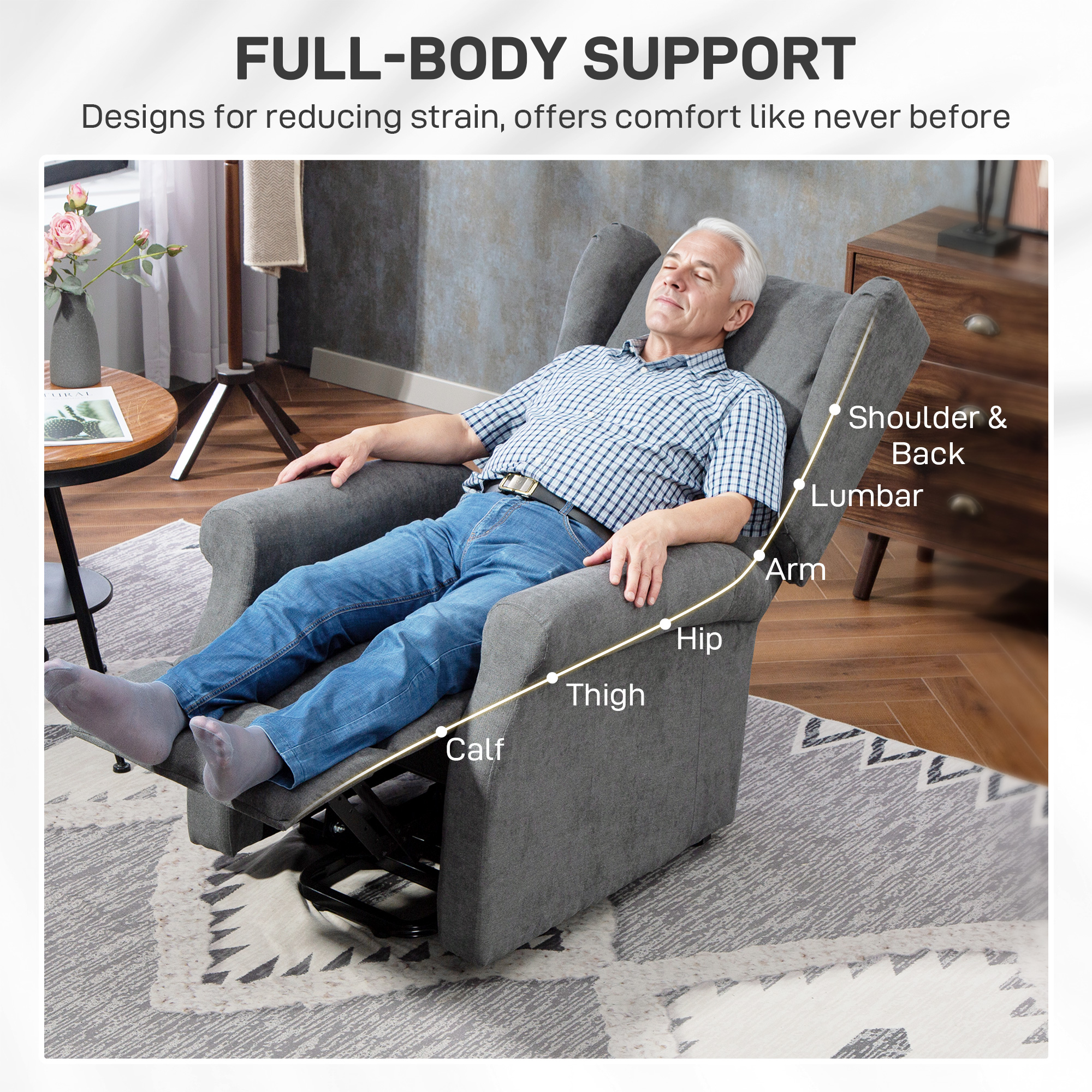 HOMCOM Power Lift Recliner Armchair, Electric Lift Chair for Elderly, Fabric Riser and Reclining Chair with Remote Control, Side Pockets, Extended Footrest, for Living Room, Charcoal Grey 8