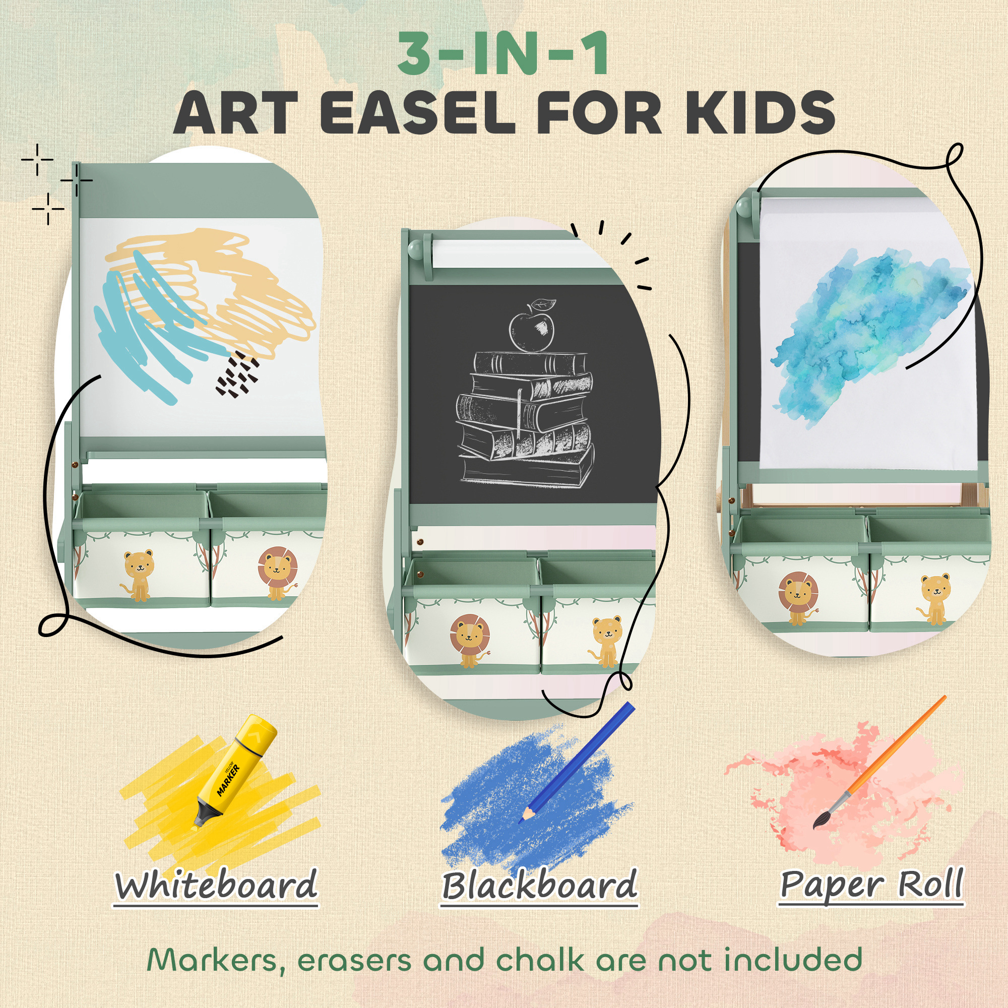 AIYAPLAY Art Easel for Kids, Double-Sided Whiteboard/Blackboard with Paper Roll, Two Storage Boxes, for Ages 3-8 Years, Green 4