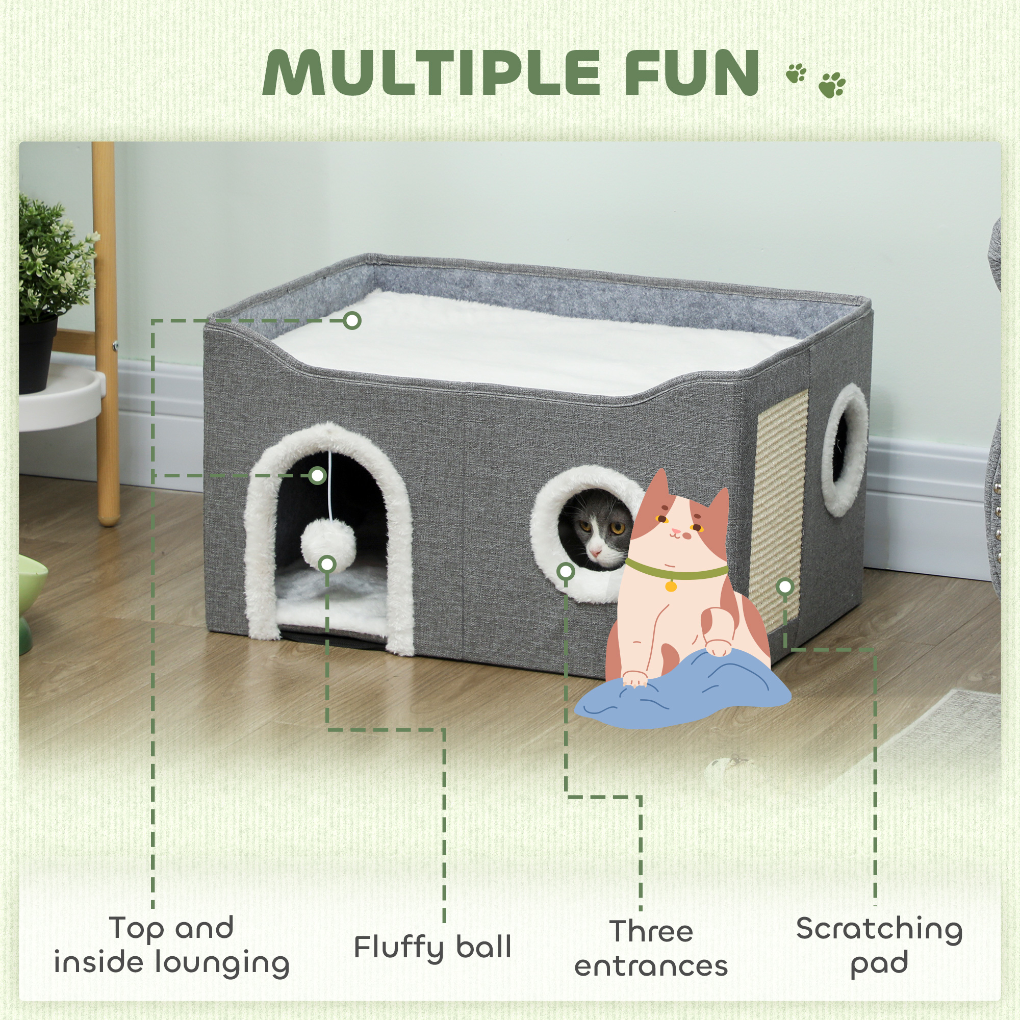 PawHut Cat Bed for Indoor Pets, Foldable Cat House with Fluffy Ball and Scratch Pad for Small and Medium Pets, Grey 4